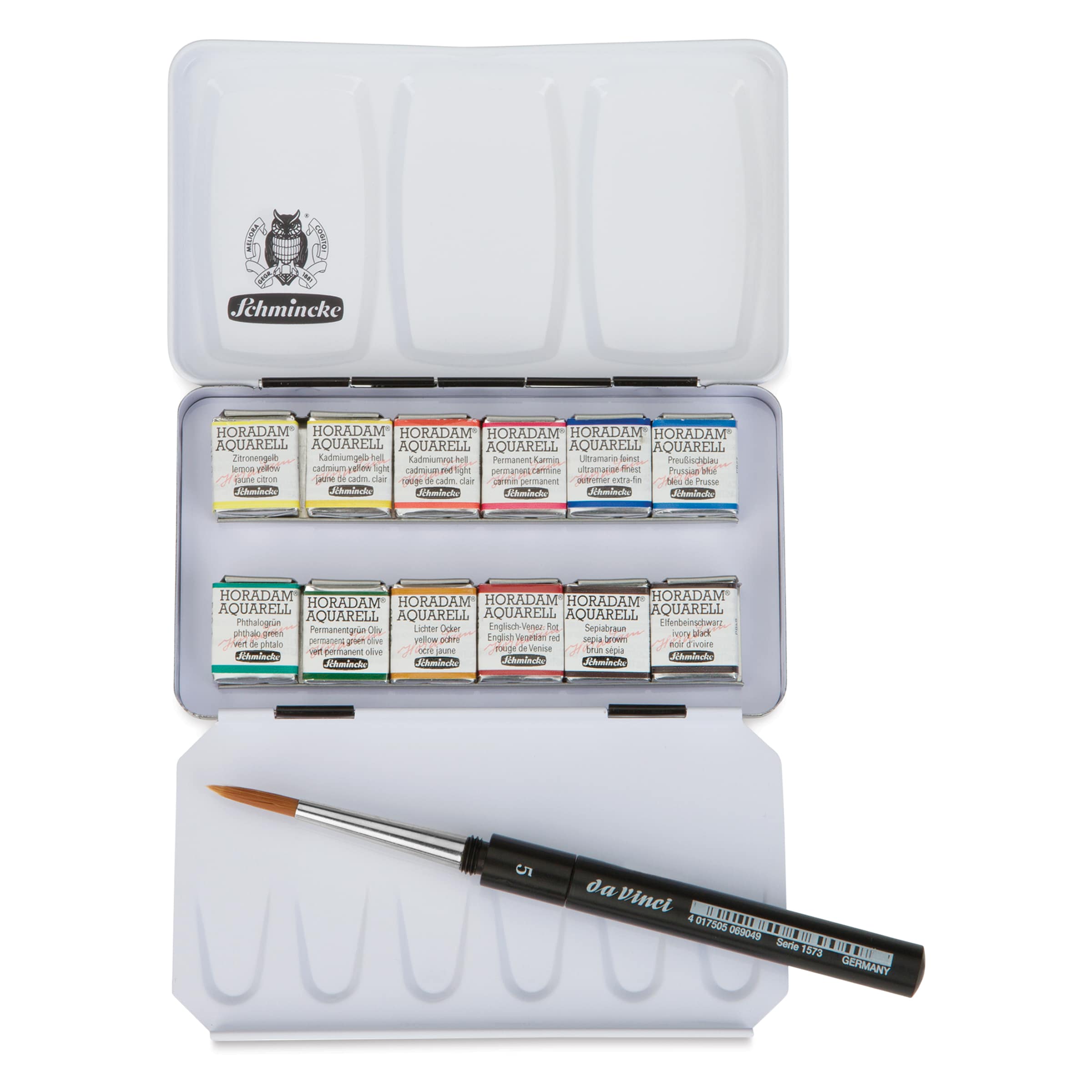Schmincke Horadam Aquarell Watercolor Pans - Set of 12 with Travel Brush, Assorted Colors, Half Pans