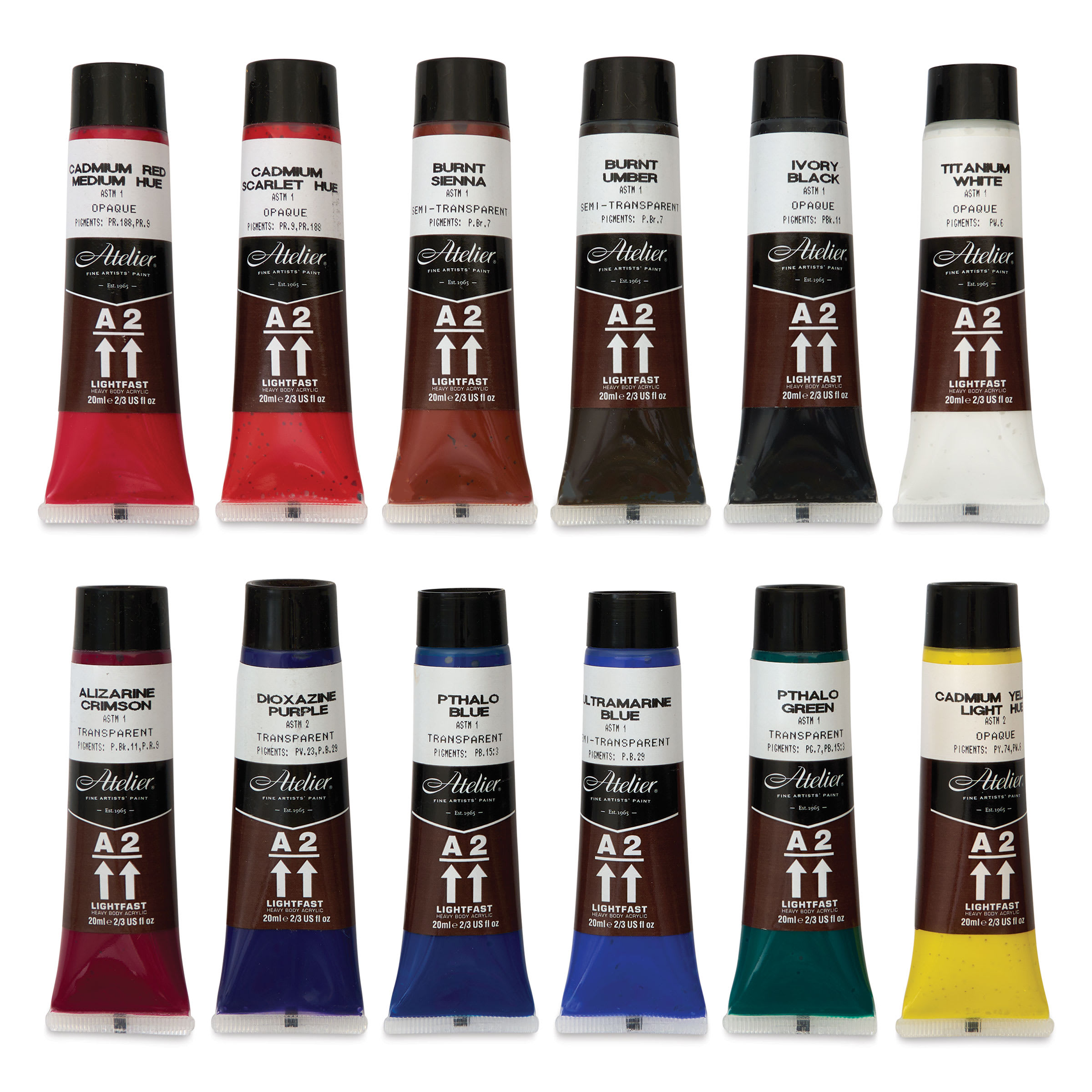 Chroma Atelier A2 Lightfast Heavy Body Acrylic Paints - Set of 12, Assorted Colors, 20 ml Tubes