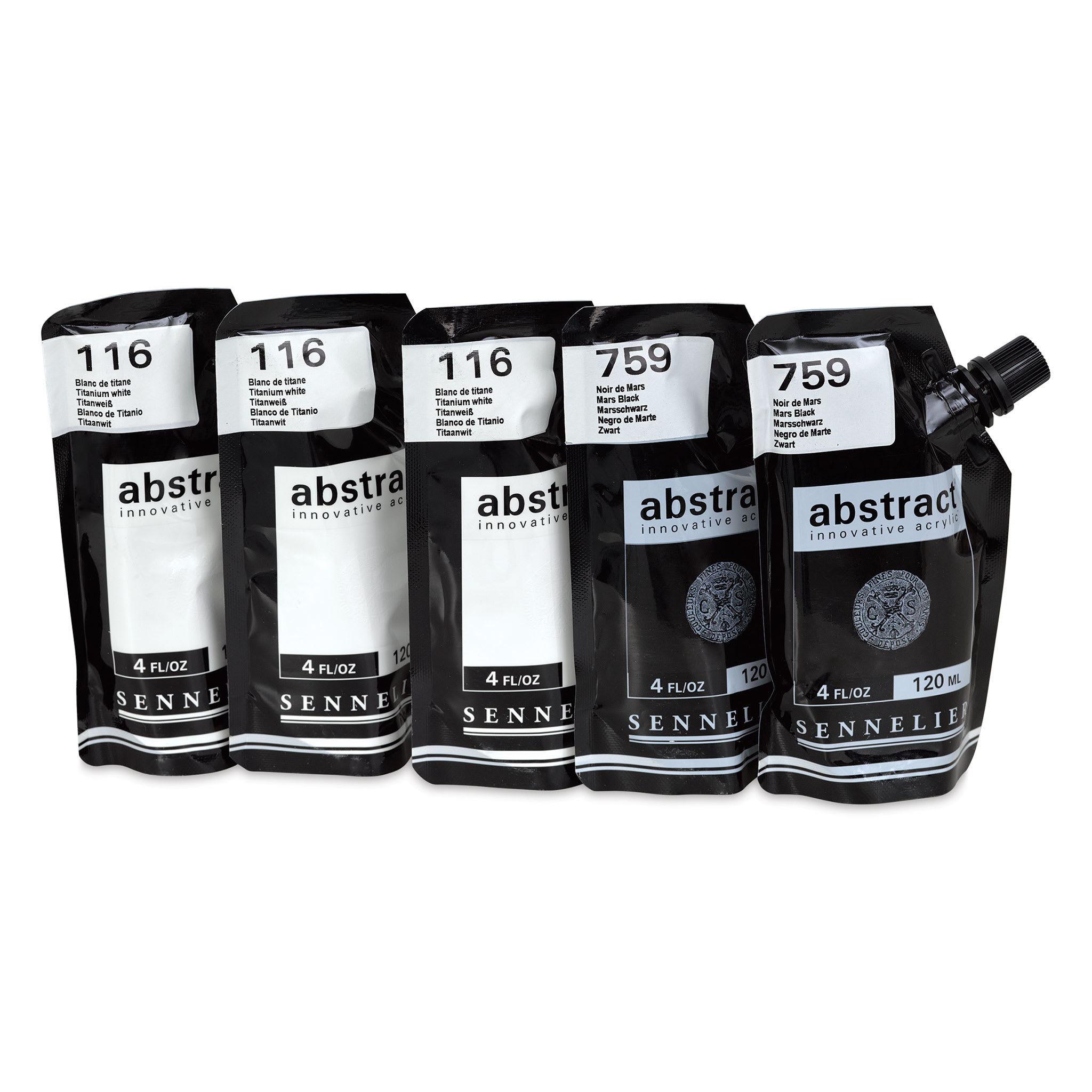 Sennelier Abstract Acrylic - Black and White, Set of 5 with Tips