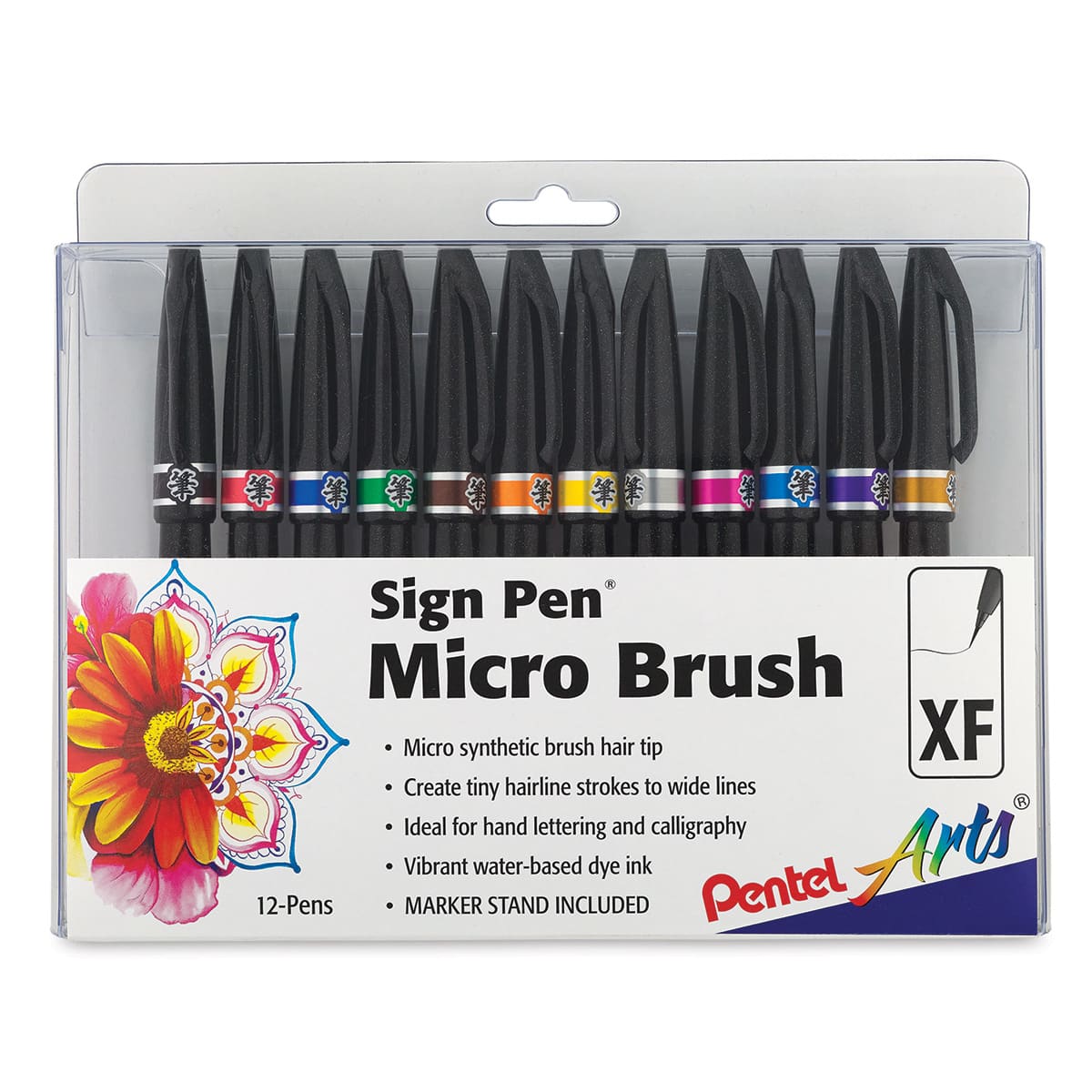 Pentel Arts Sign Pen Micro Brush Tip, Assorted Ink Colors , 12-pk Plastic Box - Assorted Pre-pack (See Table 9