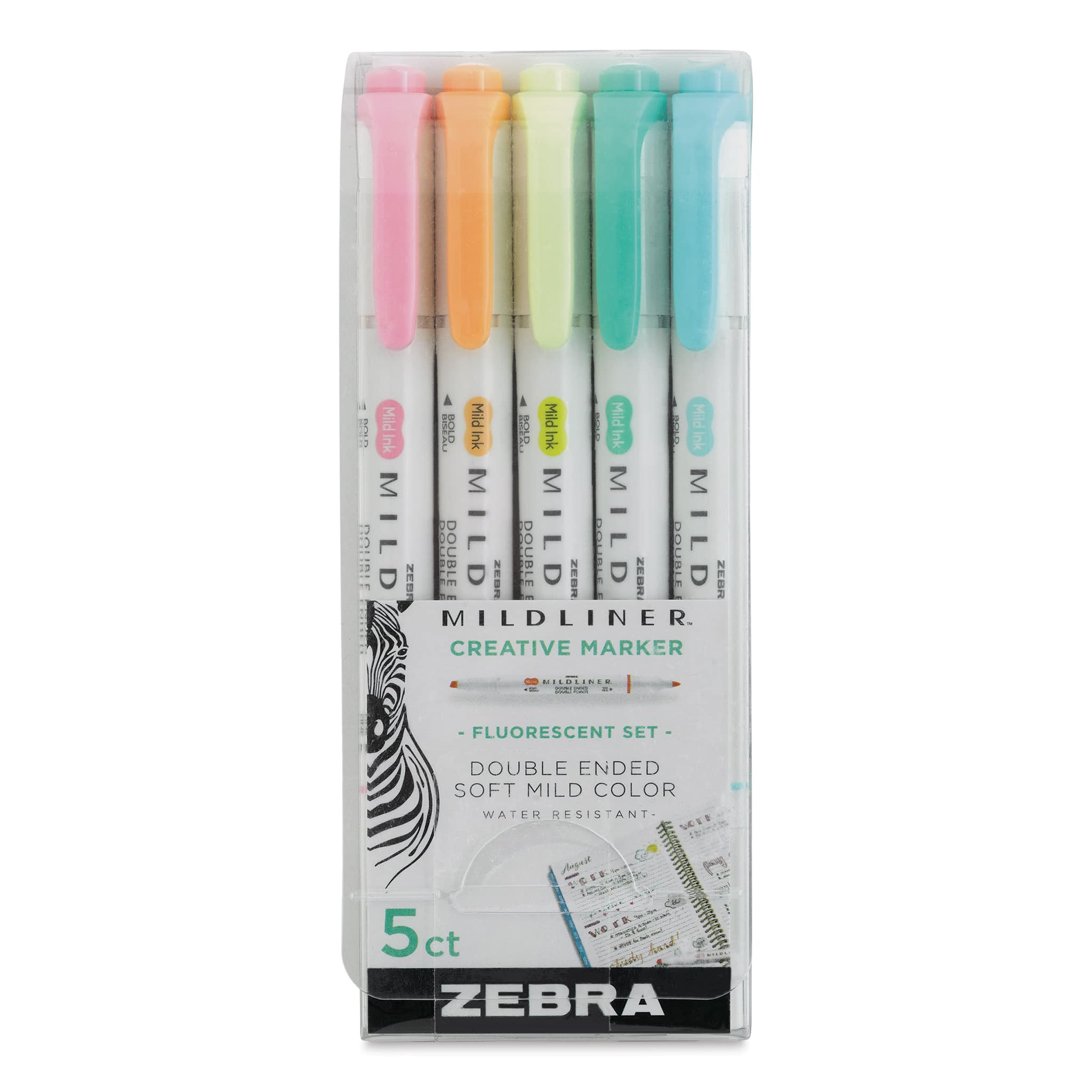 Zebra Mildliner Double Ended Creative Markers - Set of 5, Fluorescent Colors