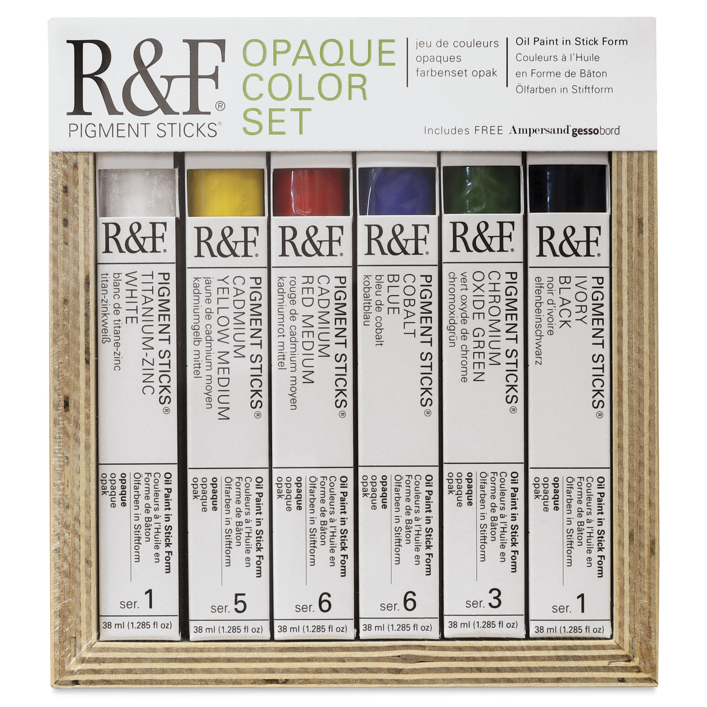 R&F Pigment Sticks - Set of 6 with Gessobord, Opaque Colors, 38 ml