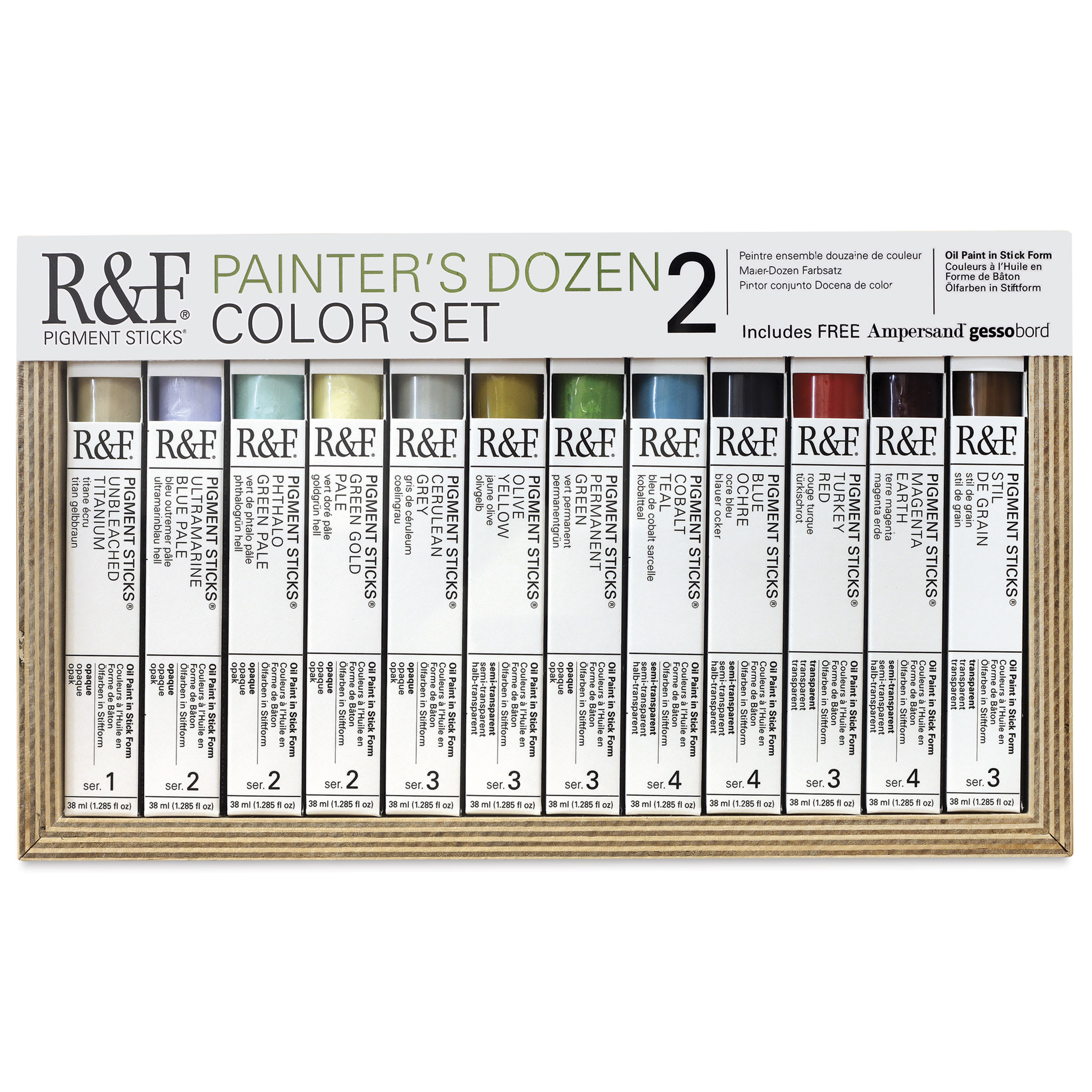 R&F Pigment Sticks - Set of 12 with Gessobord, Painter's Dozen II, 38 ml