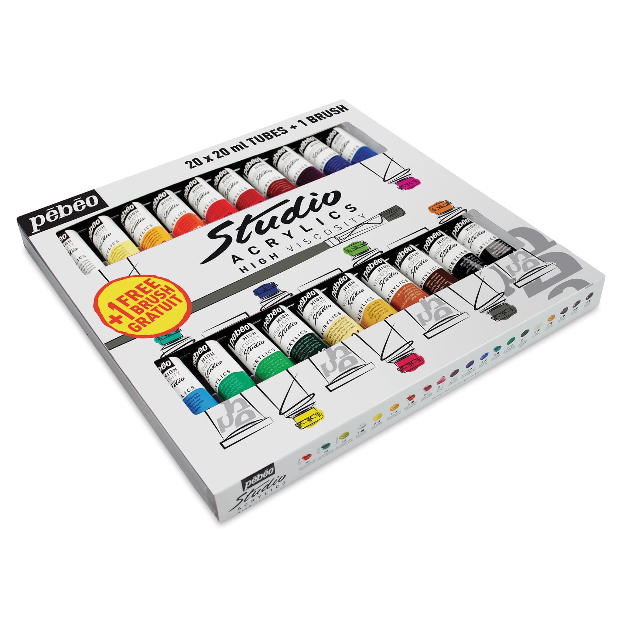 Pebeo High Viscosity Studio Acrylics - Set of 20 with Brush, Assorted Colors, 20 ml Tubes