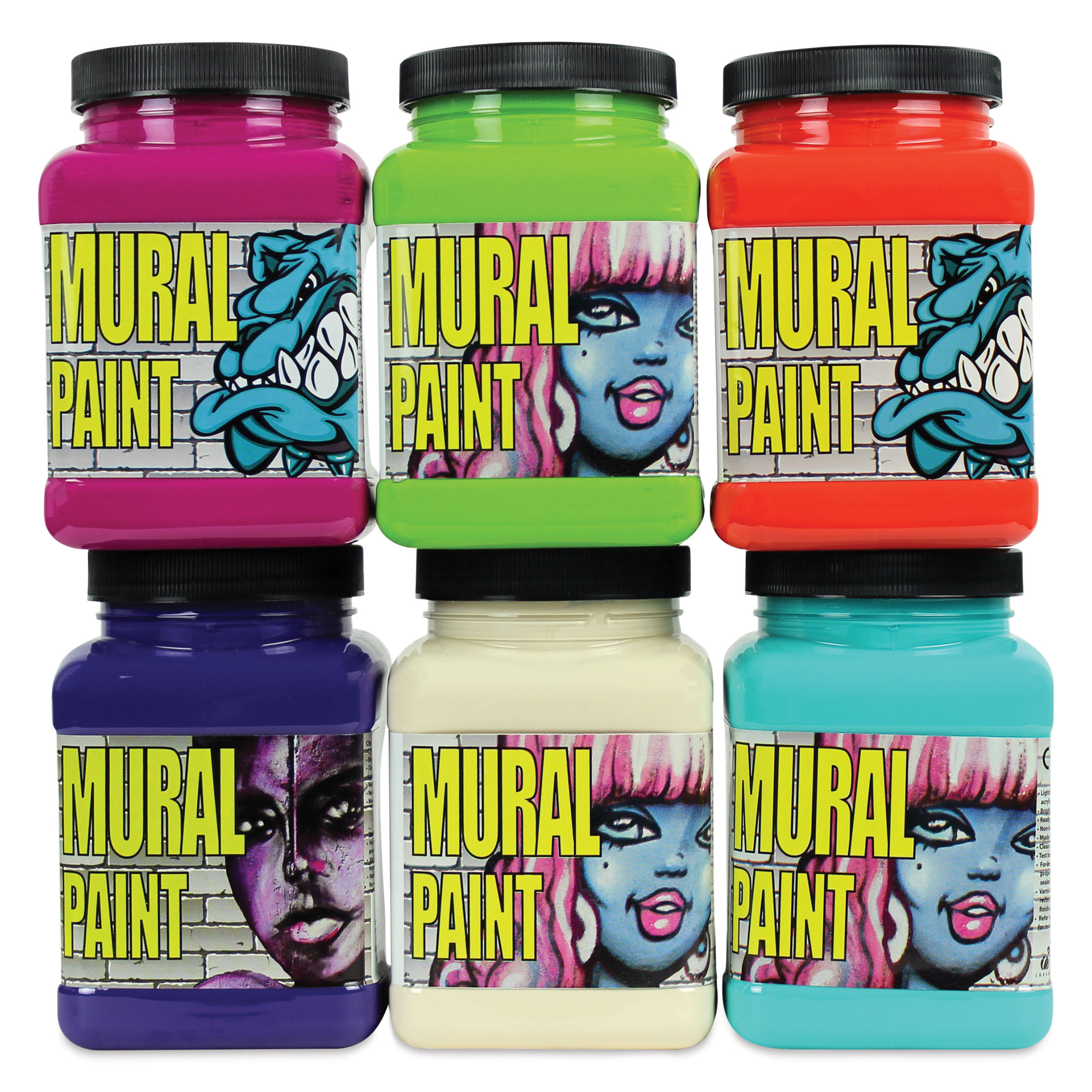 Chroma Acrylic Mural Paints - Set of 6, Bright Colors, 16 oz jar