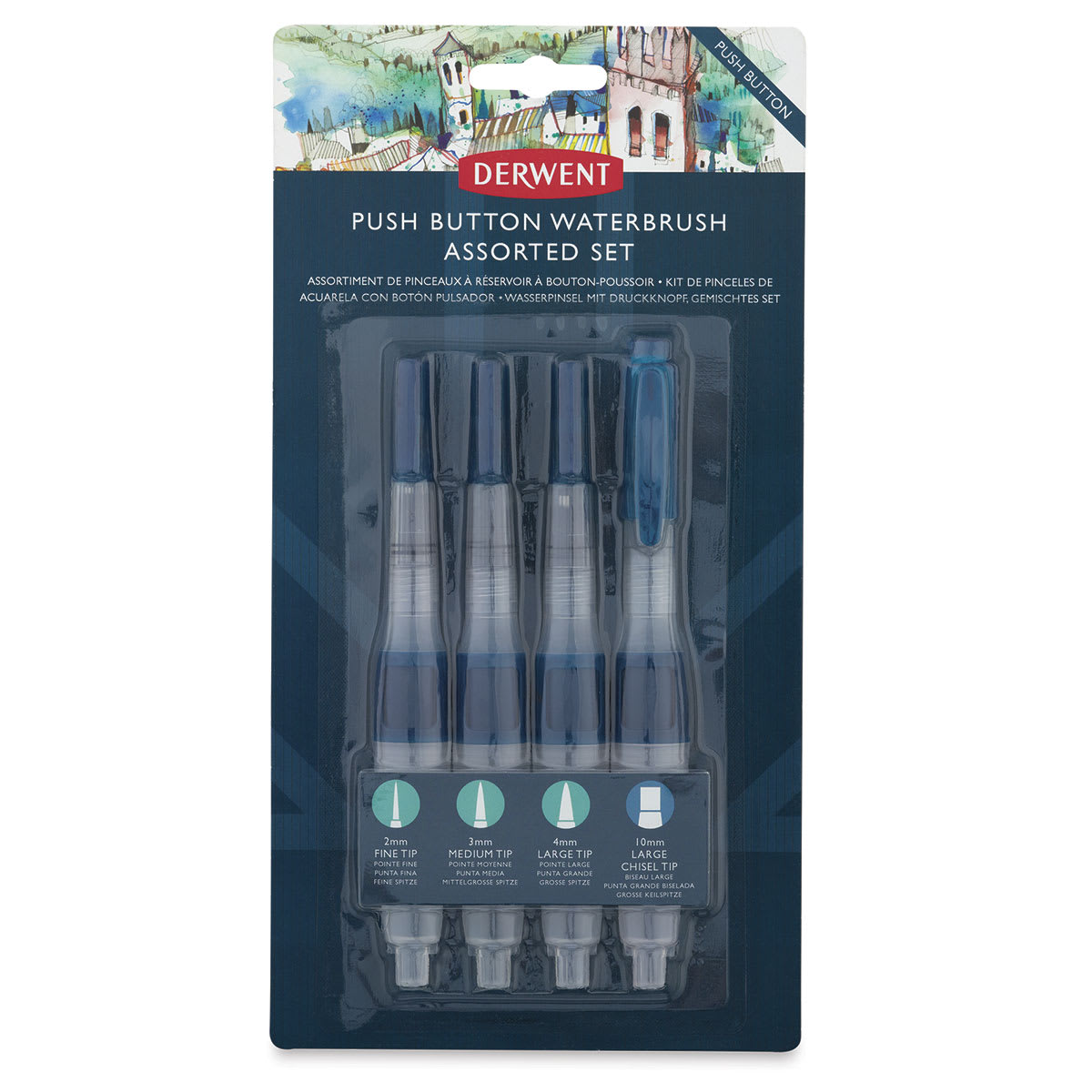 Derwent Push Button Waterbrush - Set of 4, Short Handle