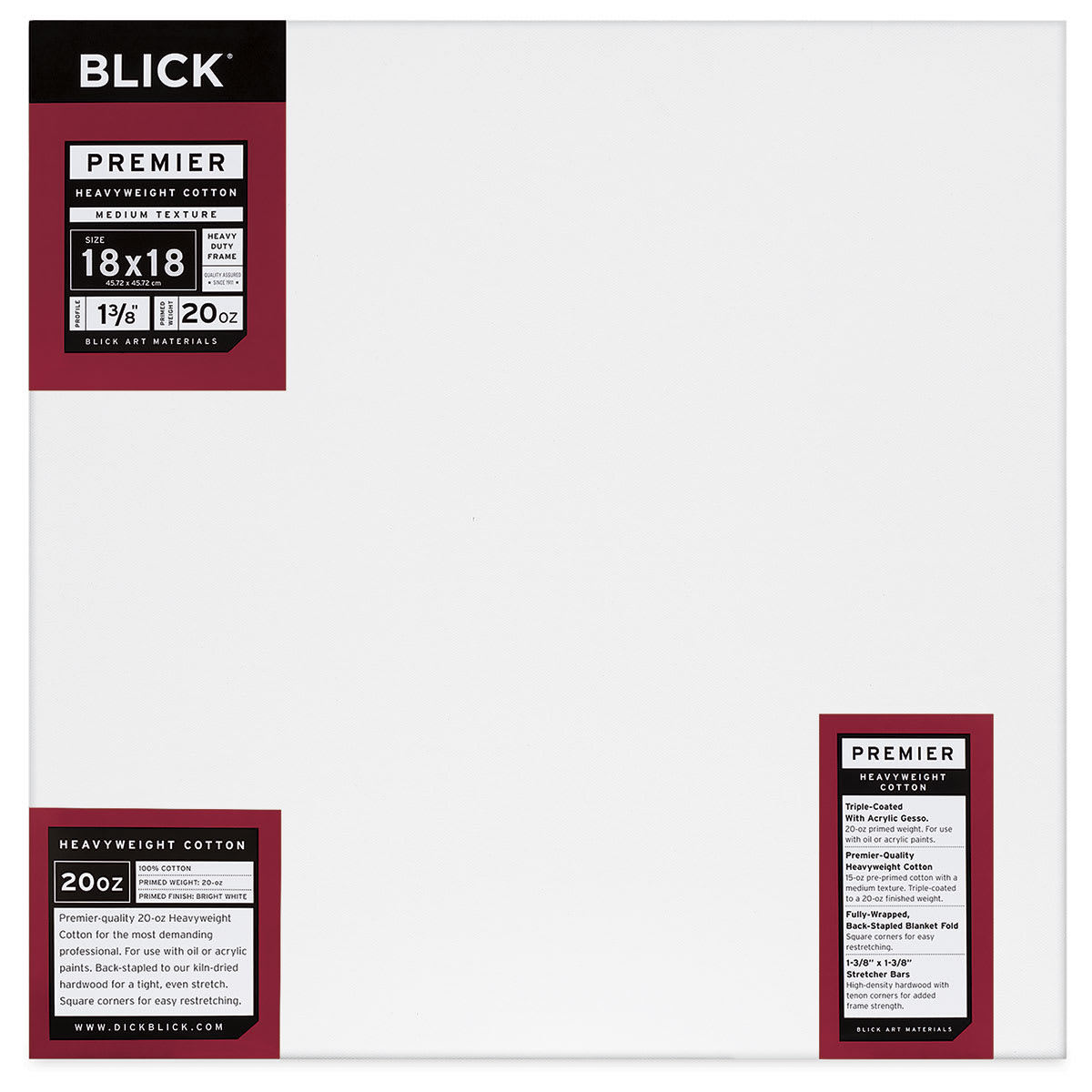 Blick Premier Heavyweight Stretched Cotton Canvas - 18" x 18", 1-3/8" Profile