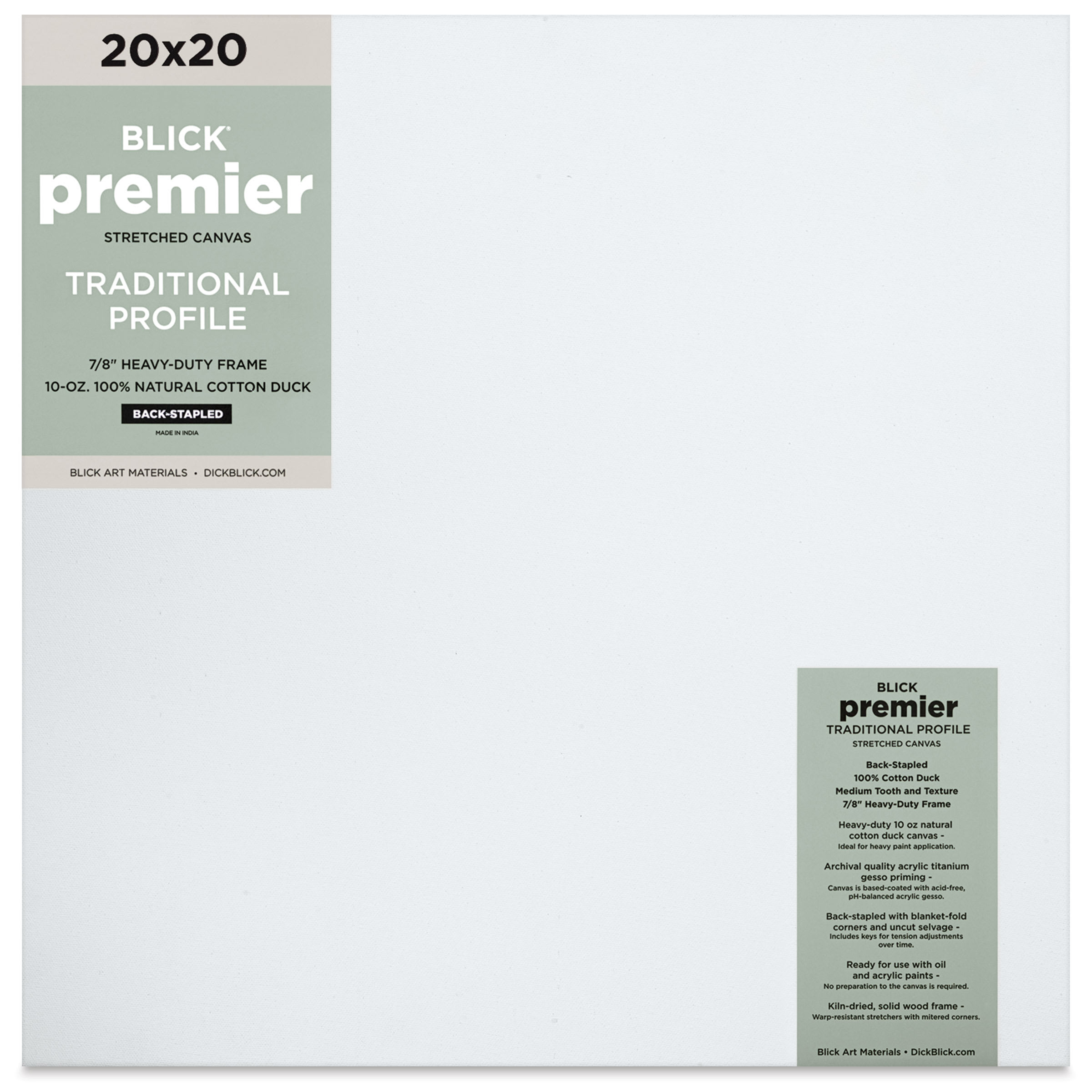 Blick Premier Stretched Cotton Canvas - Traditional Profile, Back-Stapled, 20" x 20"