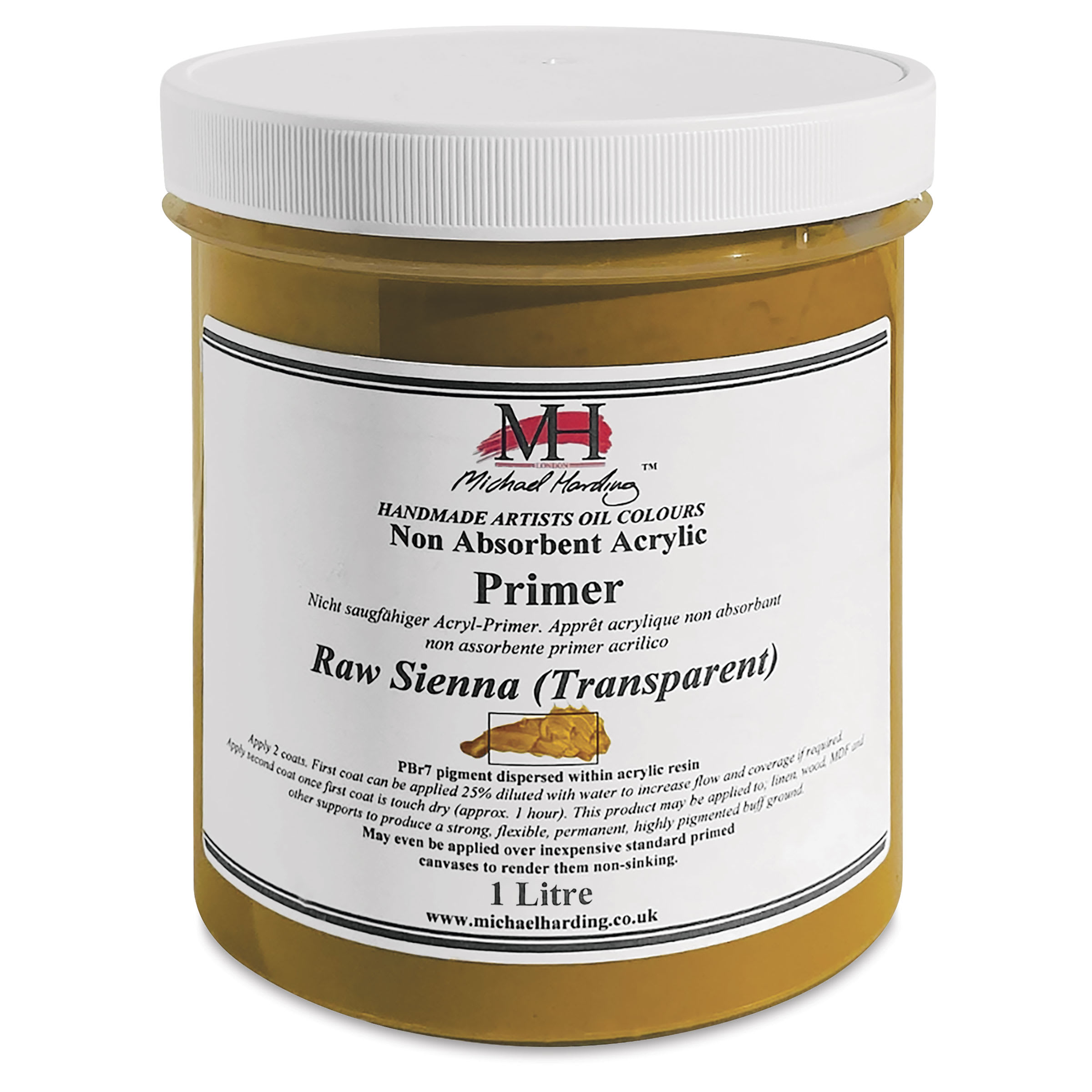 Michael Harding Non-Absorbent Acrylic Primer - Raw Sienna (Transparent), 1 Liter, Jar