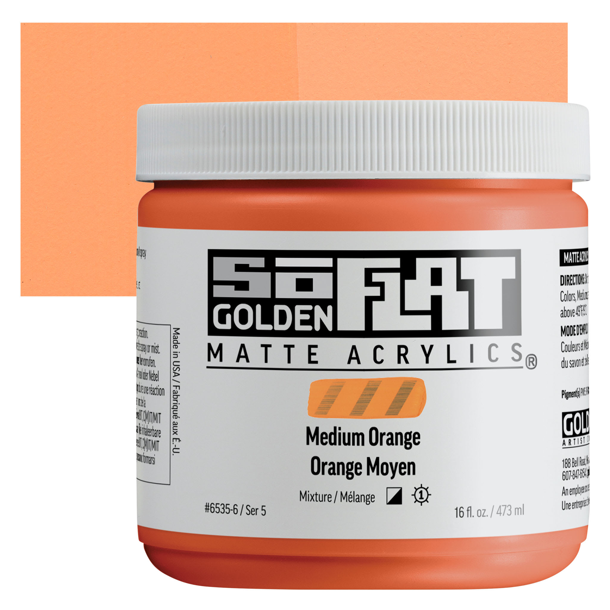 Golden SoFlat Matte Acrylic Paint - Medium Orange, 473 ml, Jar