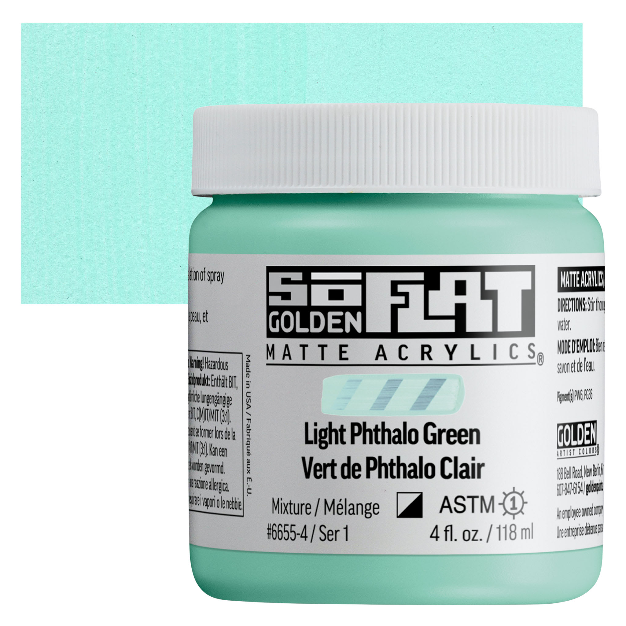 Golden SoFlat Matte Acrylic Paint - Light Phthalo Green, 118 ml, Jar