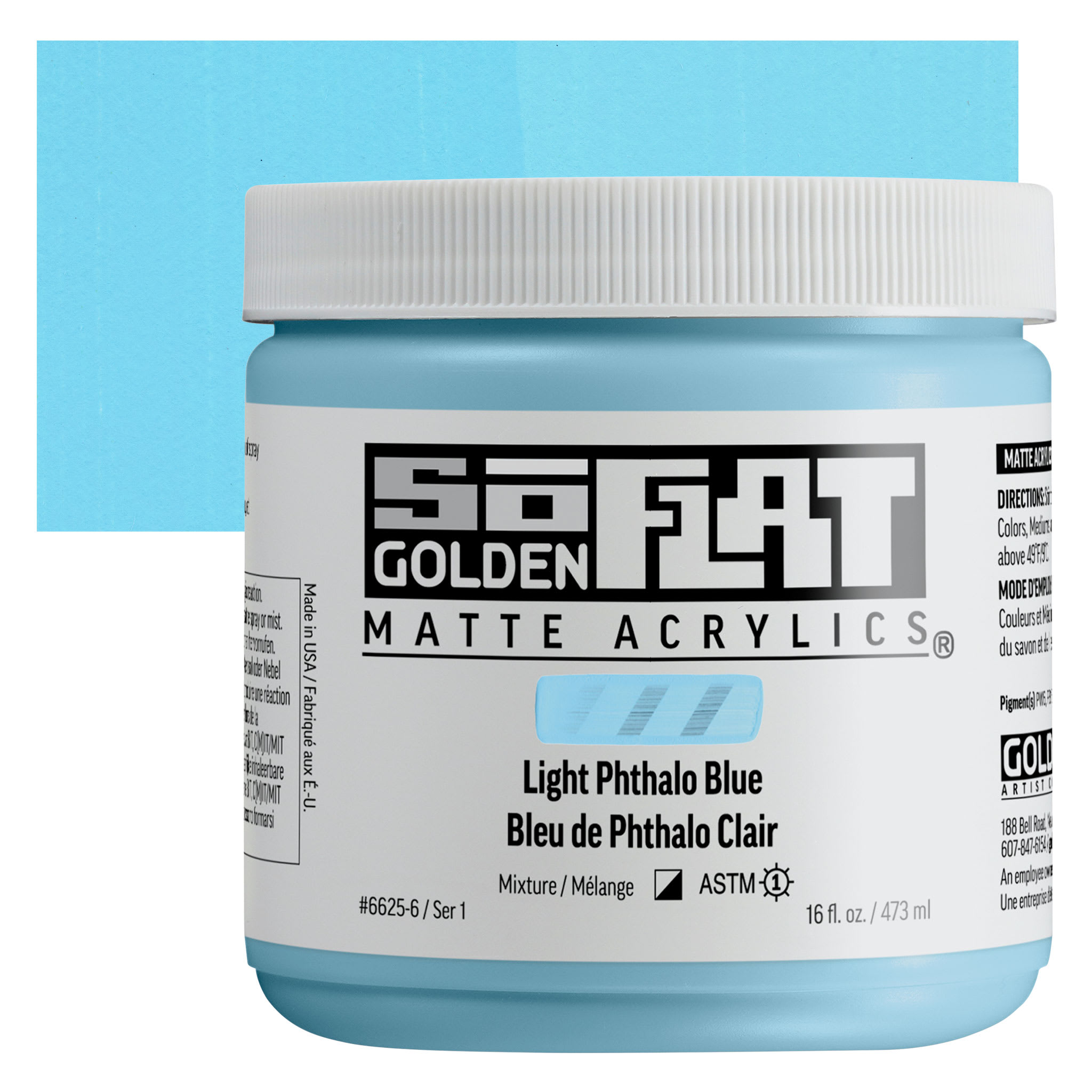 Golden SoFlat Matte Acrylic Paint - Light Phthalo Blue, 473 ml, Jar