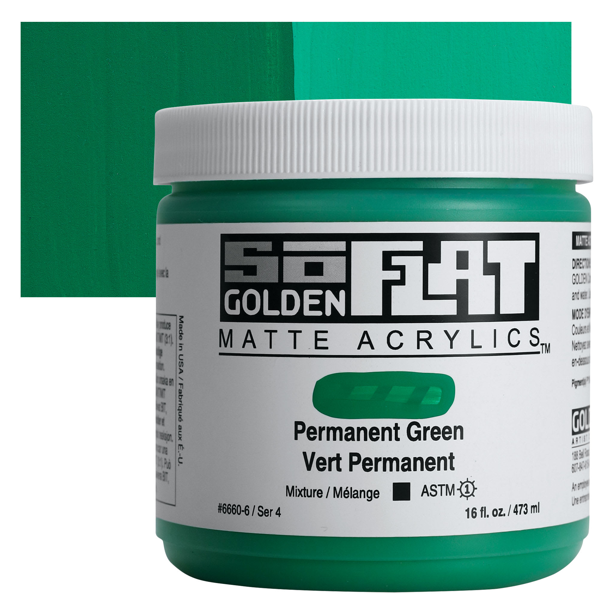 Golden SoFlat Matte Acrylic Paint - Permanent Green, 473 ml, Jar