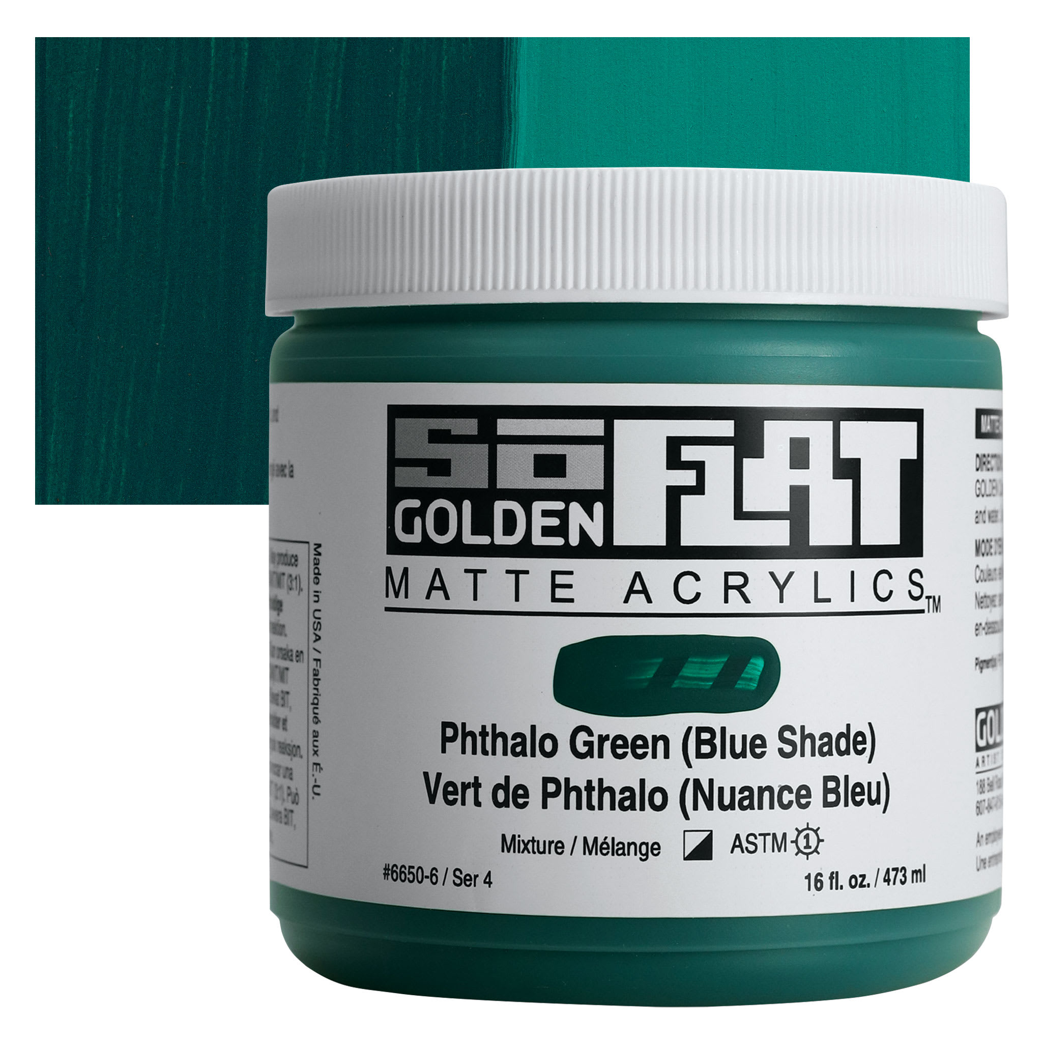 Golden SoFlat Matte Acrylic Paint - Phthalo Green (Blue Shade), 473 ml, Jar