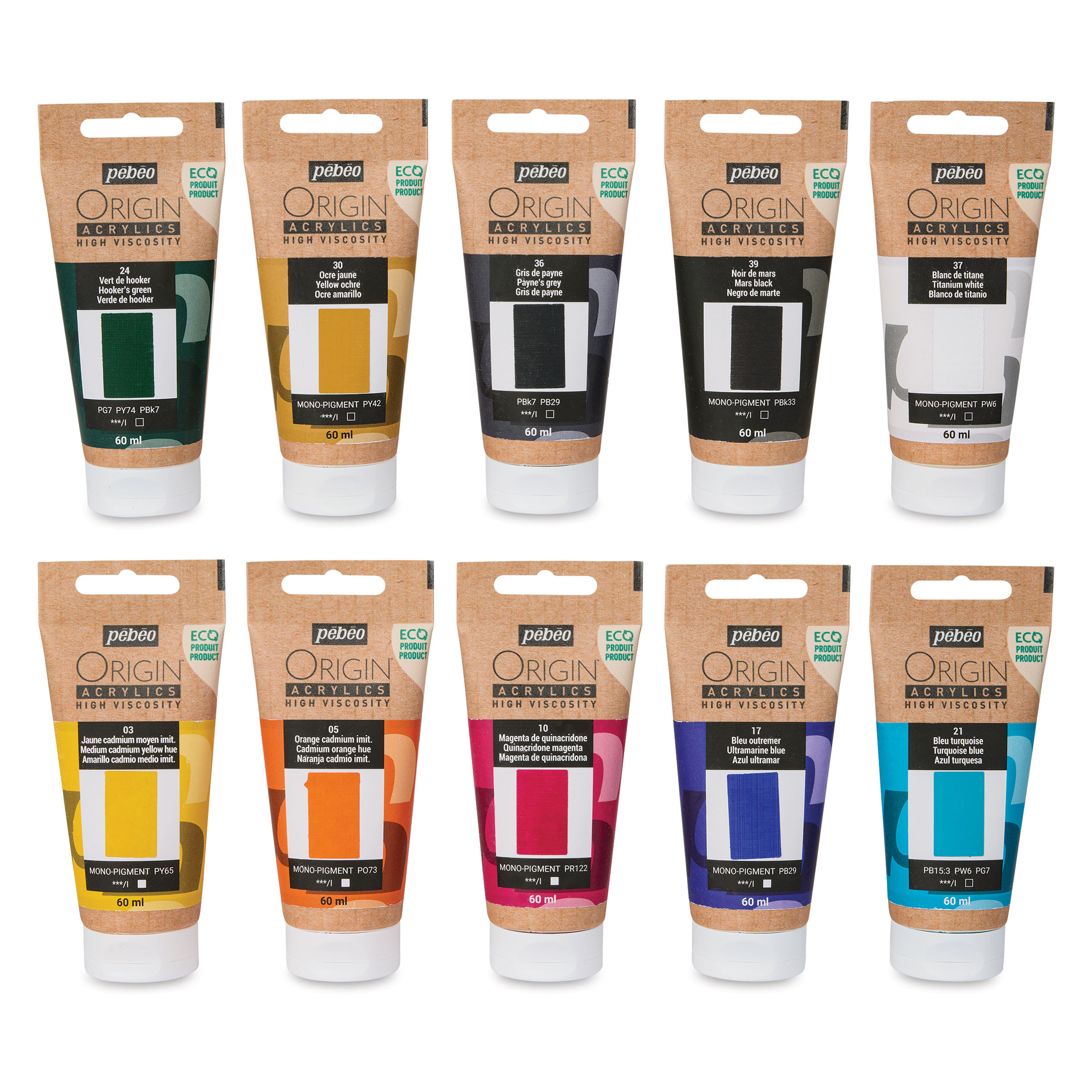 Pebeo Origin Acrylic Paint - Set of 10, Essentials, 60 ml