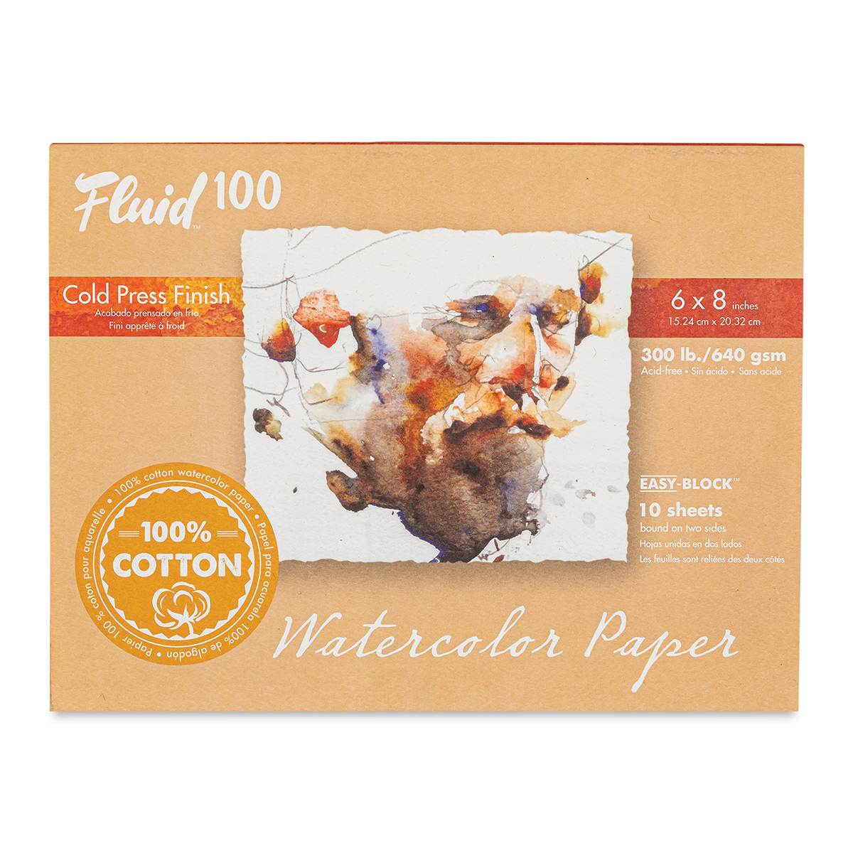 Fluid 100 Watercolor Paper Block - 6" x 8", Pkg of 10 Sheets, 300 lb, Cold Press