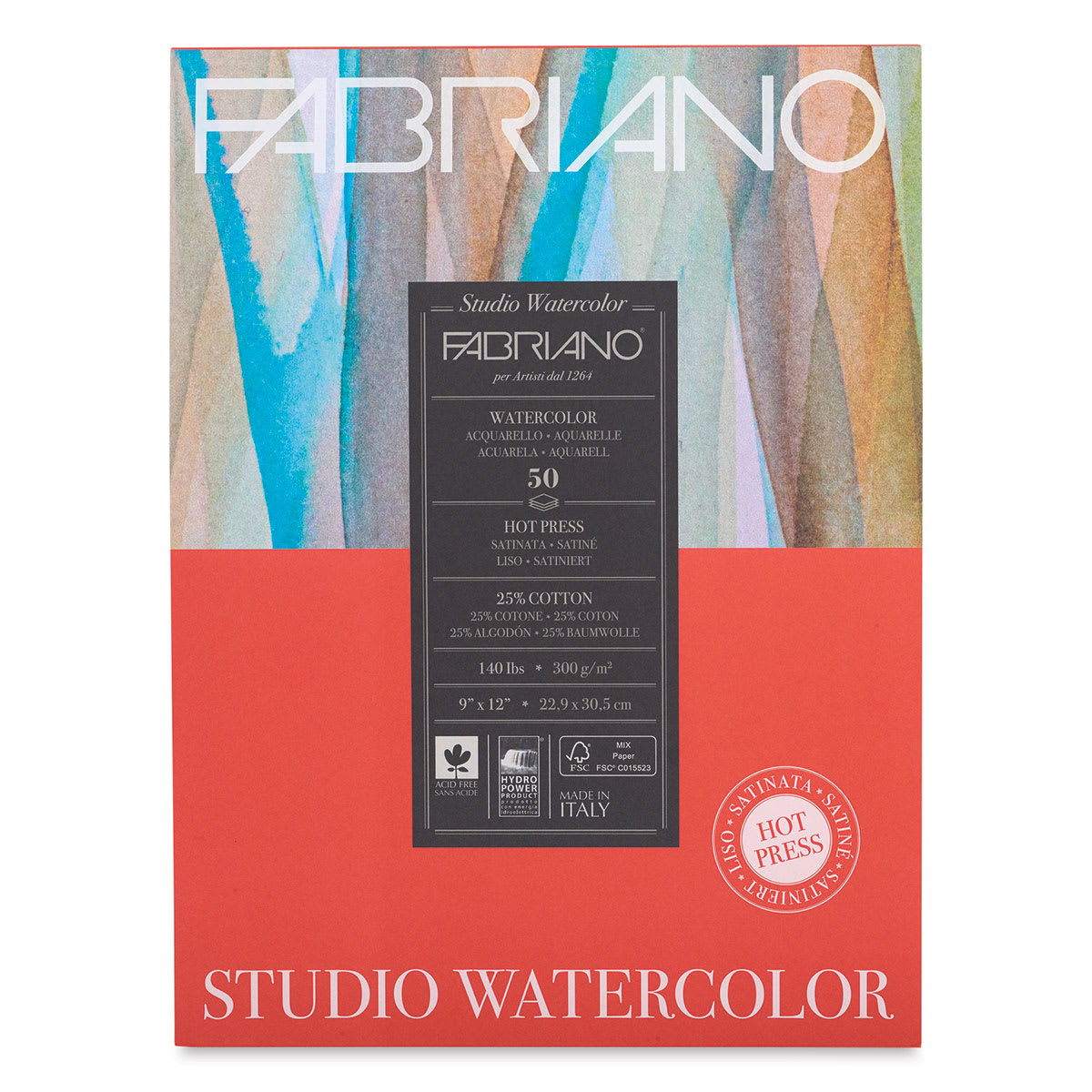 Fabriano Studio Watercolor Pad - 9" x 12", 300 gsm, Hot Press, 50 Sheets