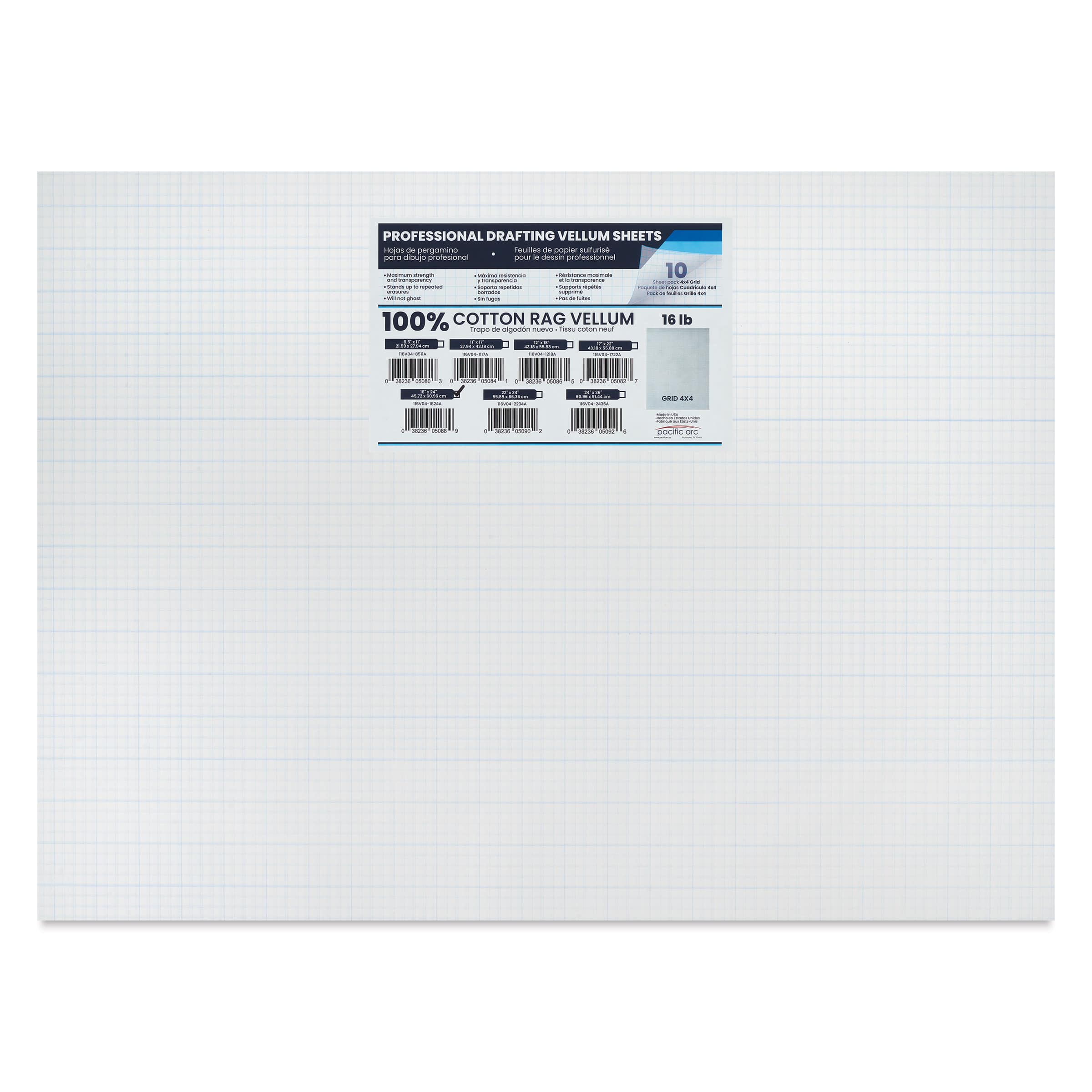 Pacific Arc Gridded Drafting Vellum Pack - 4 x 4 Grid, 18" x 24". Pkg of 10