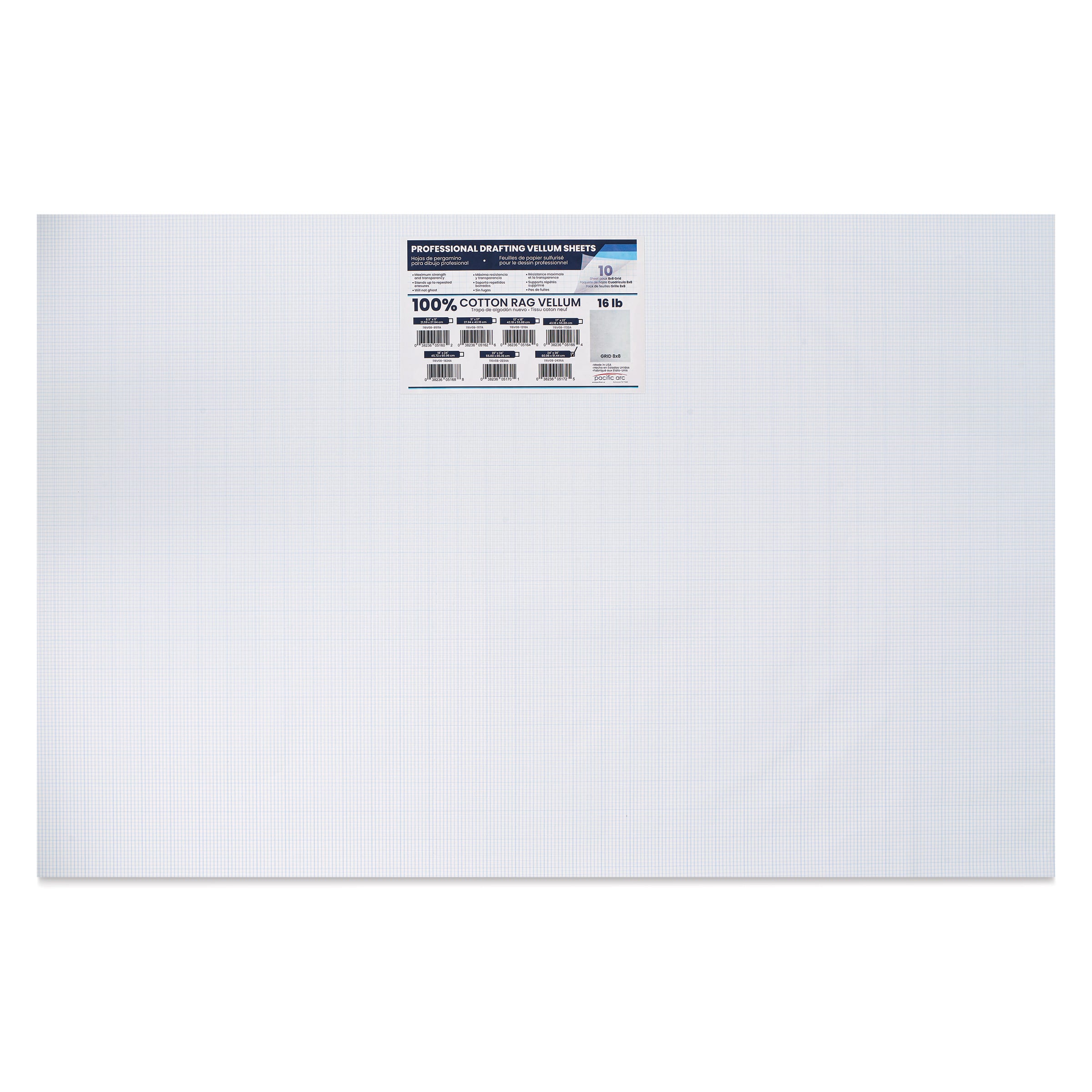 Pacific Arc Gridded Drafting Vellum Pack - 8 x 8 Grid, 24" x 36". Pkg of 10