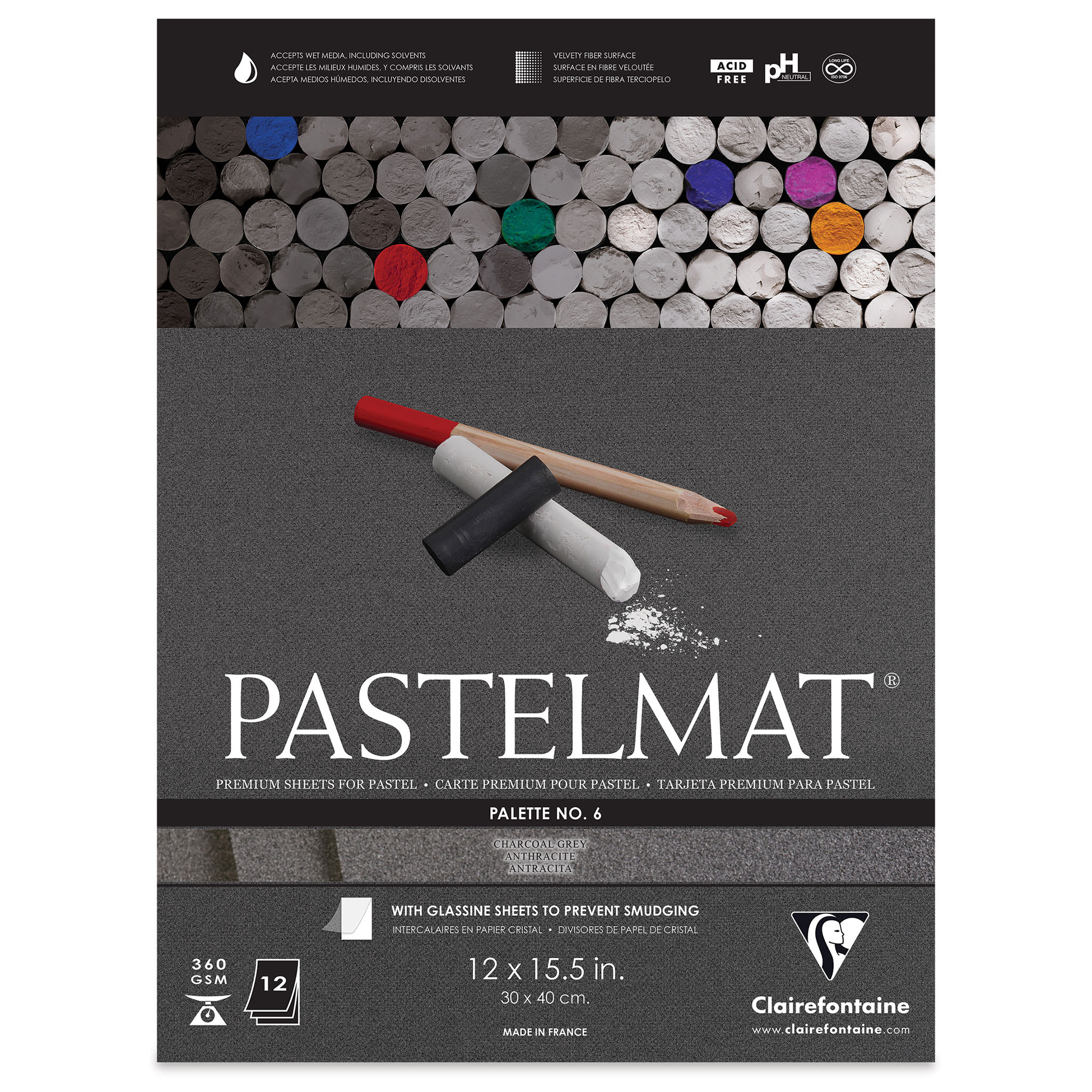 Clairefontaine Pastelmat Pad - 12" x 15-1/2", Charcoal Grey, 12 Sheets