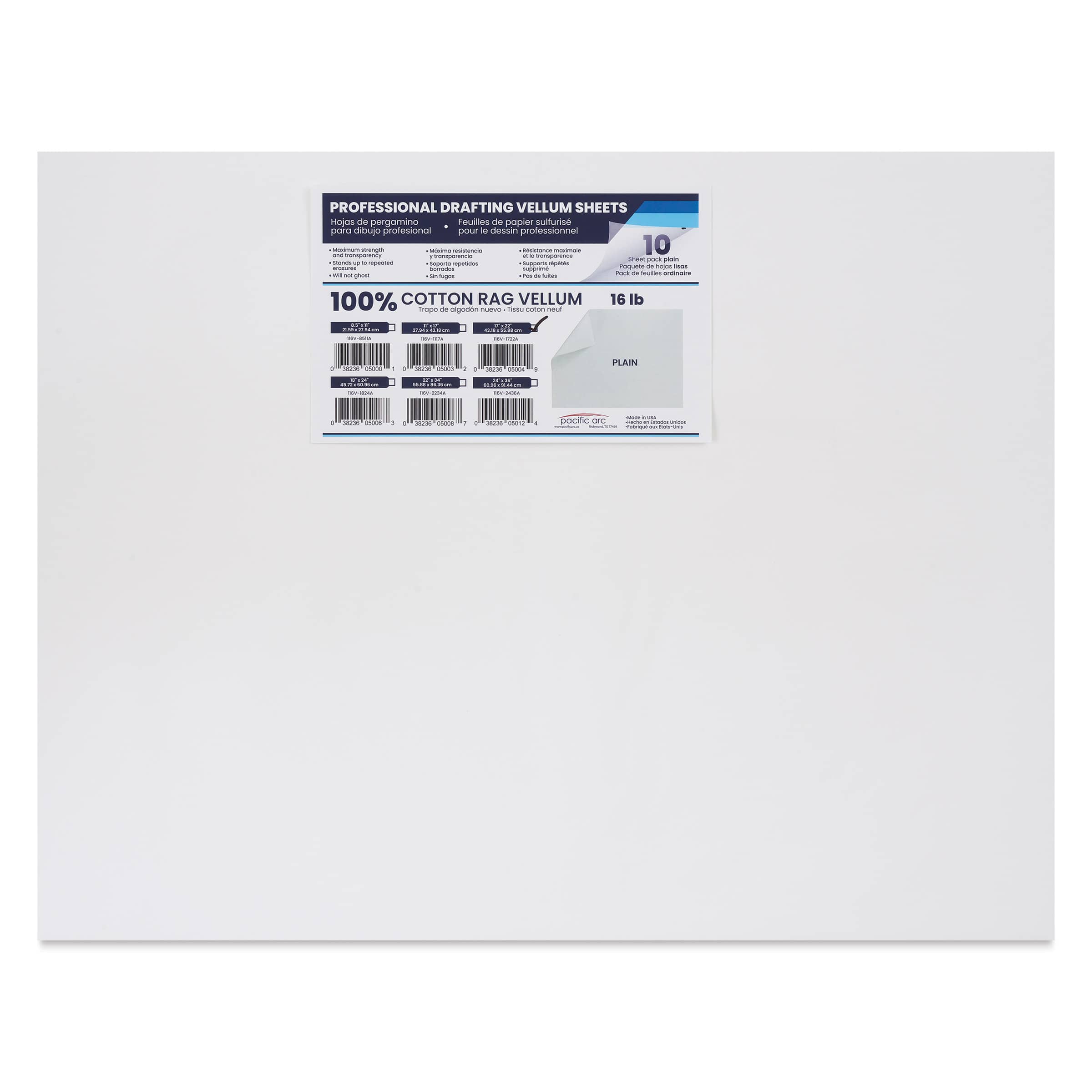 Pacific Arc Drafting Vellum Sheet Pack - 17" x 22", Pkg of 10