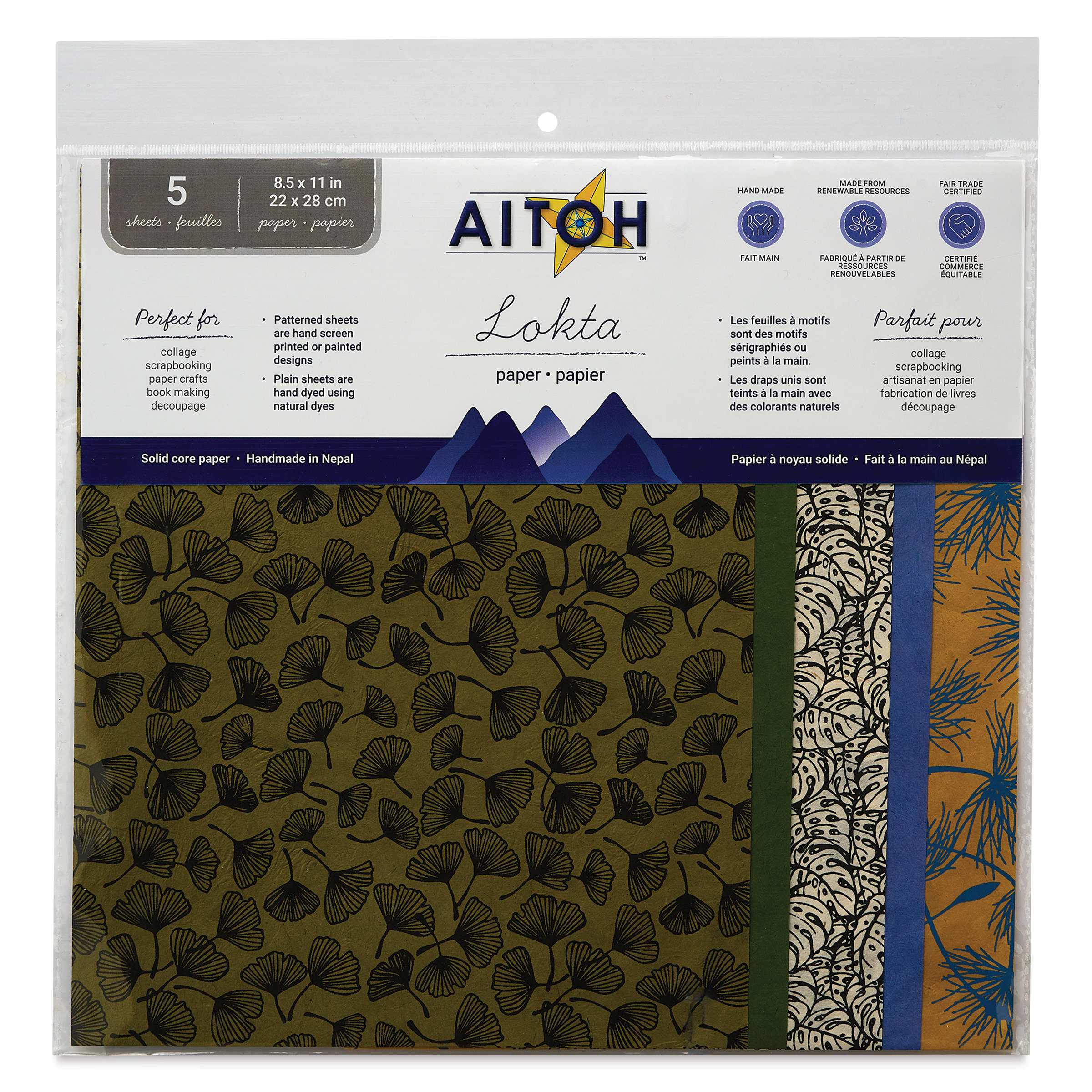 Aitoh Decorative Lokta Paper Pack - Leaves and Seeds, 8-1/2" x 11", Pkg of 5