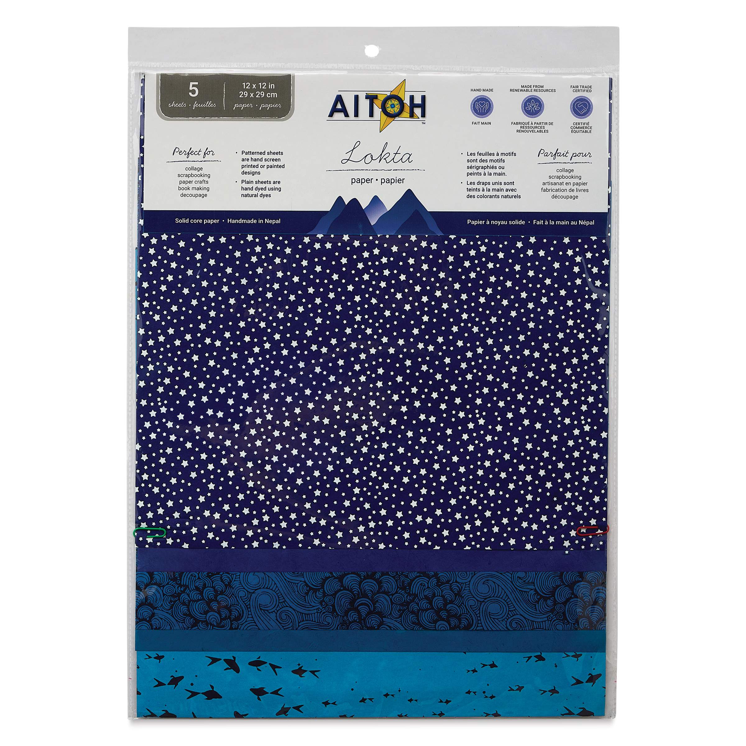 Aitoh Decorative Lokta Paper Pack - Blues, 12" x 12", Pkg of 5