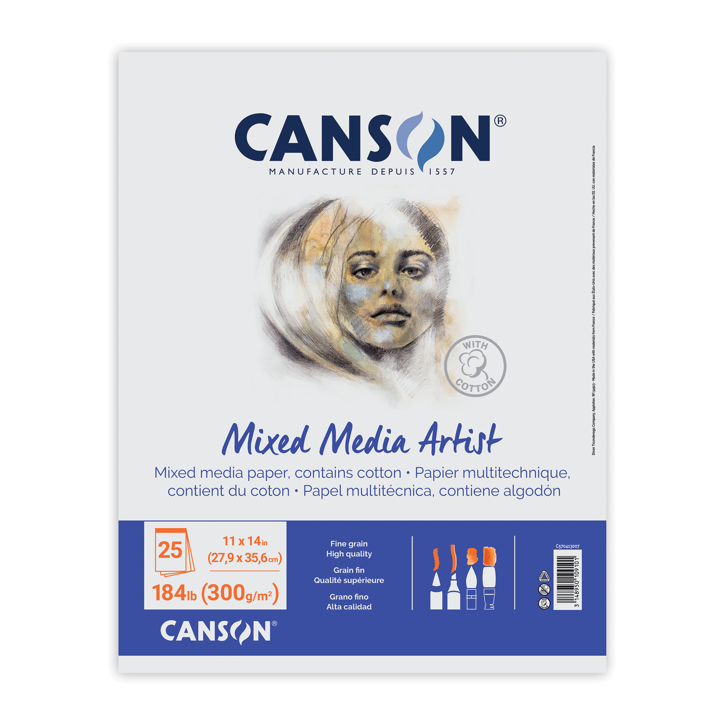Canson Artist Series Mix Media Pad - 11" x 14", Portrait, Wirebound, 20 Sheets