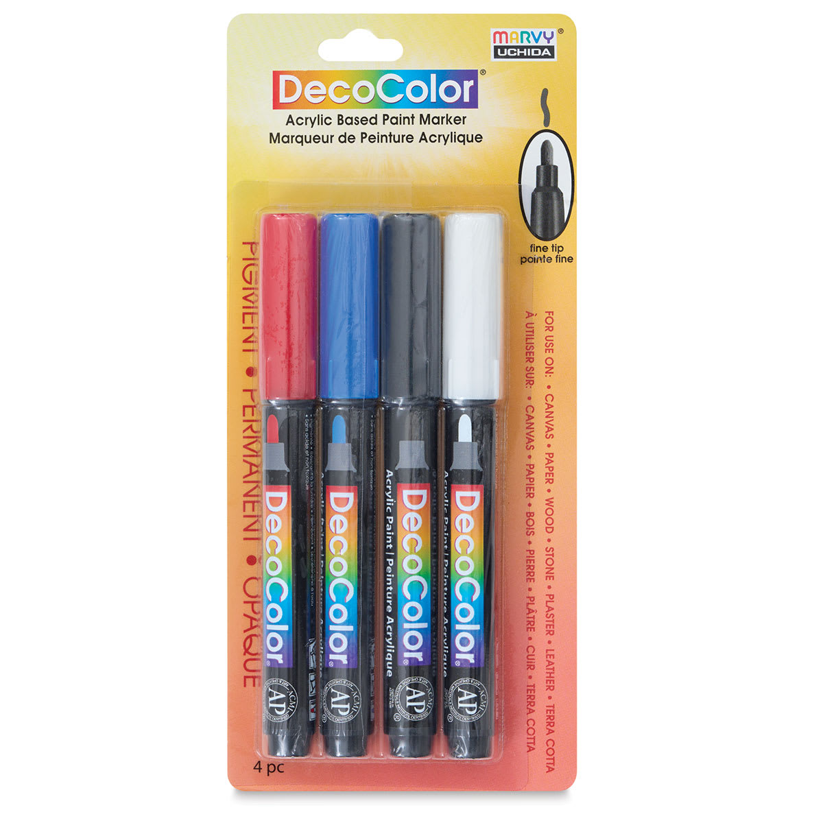 Decocolor Acrylic Paint Markers - Set of 4, Primary Colors, Fine