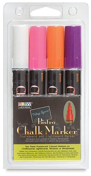 Broad Point Chalk Marker Broad Tip Set 4B, Fluorescent Violet, Orange, Pink, White