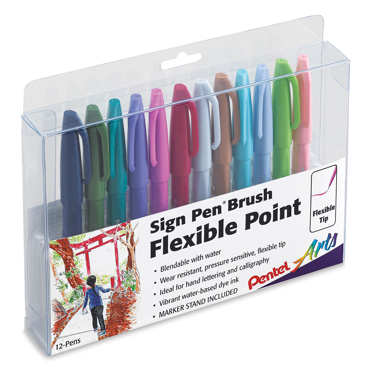 Pentel Arts Sign Pen Brush Tip, 12-Pack Assorted Colors- New Colors!