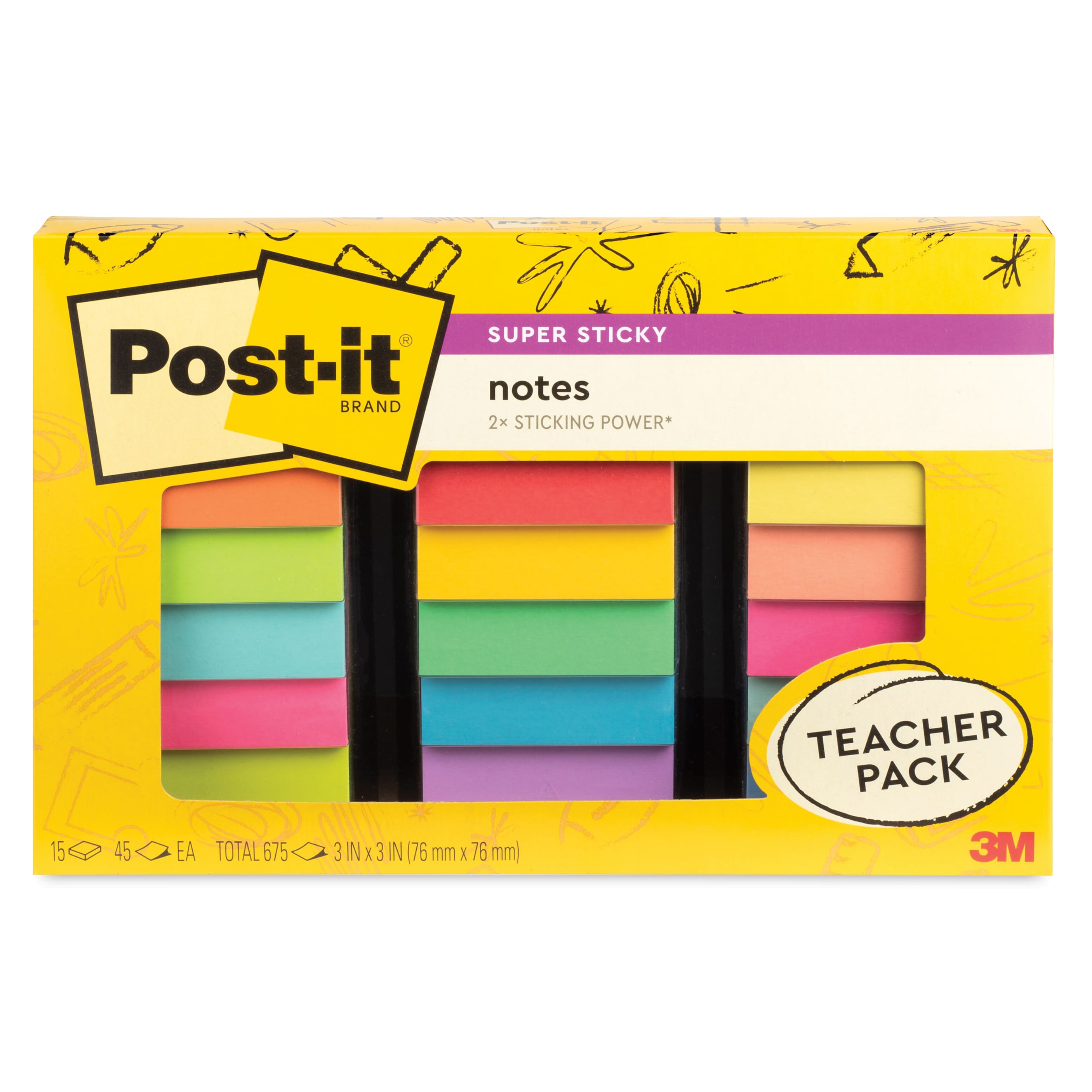 Post-it Super Sticky Notes, 3" x 3", Assorted Collection, 45 Sheet/Pad, 15 Pads/Pack (654-15SSBTS-SR)