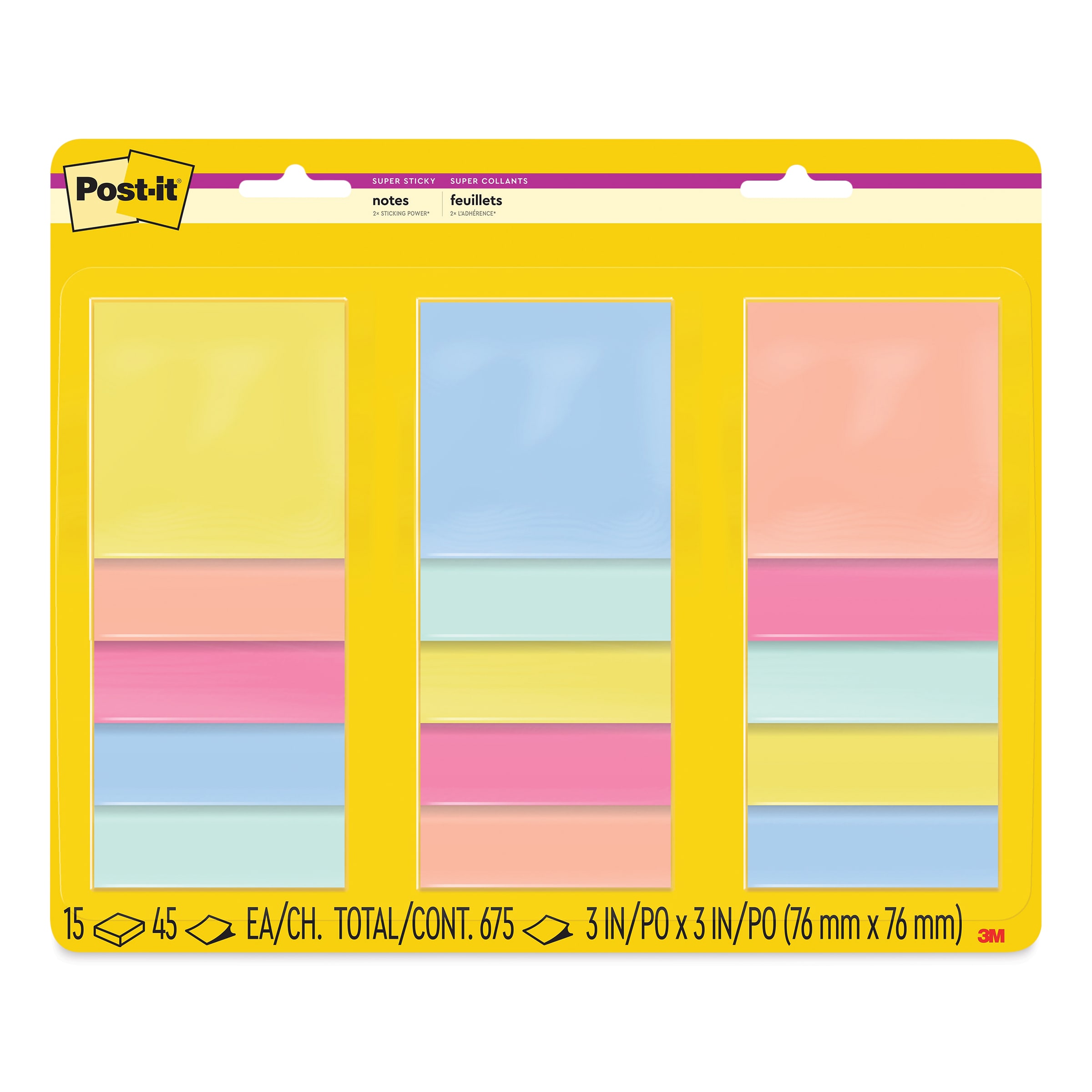 Post-it Super Sticky Notes - Pkg of 15, 3" x 3", Summer Joy Collection, Blank
