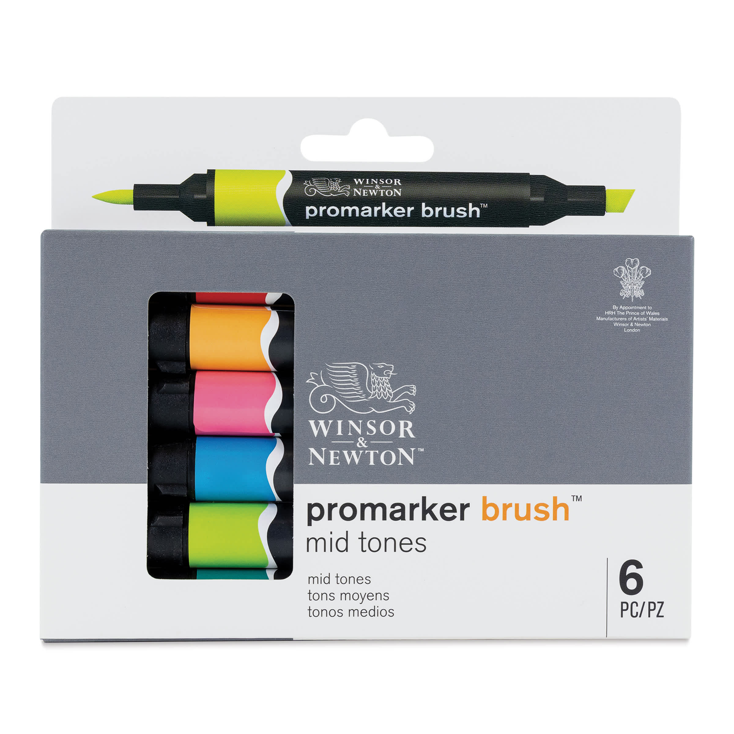 Winsor & Newton Promarker Brush Markers - Set of 6, Mid Tones
