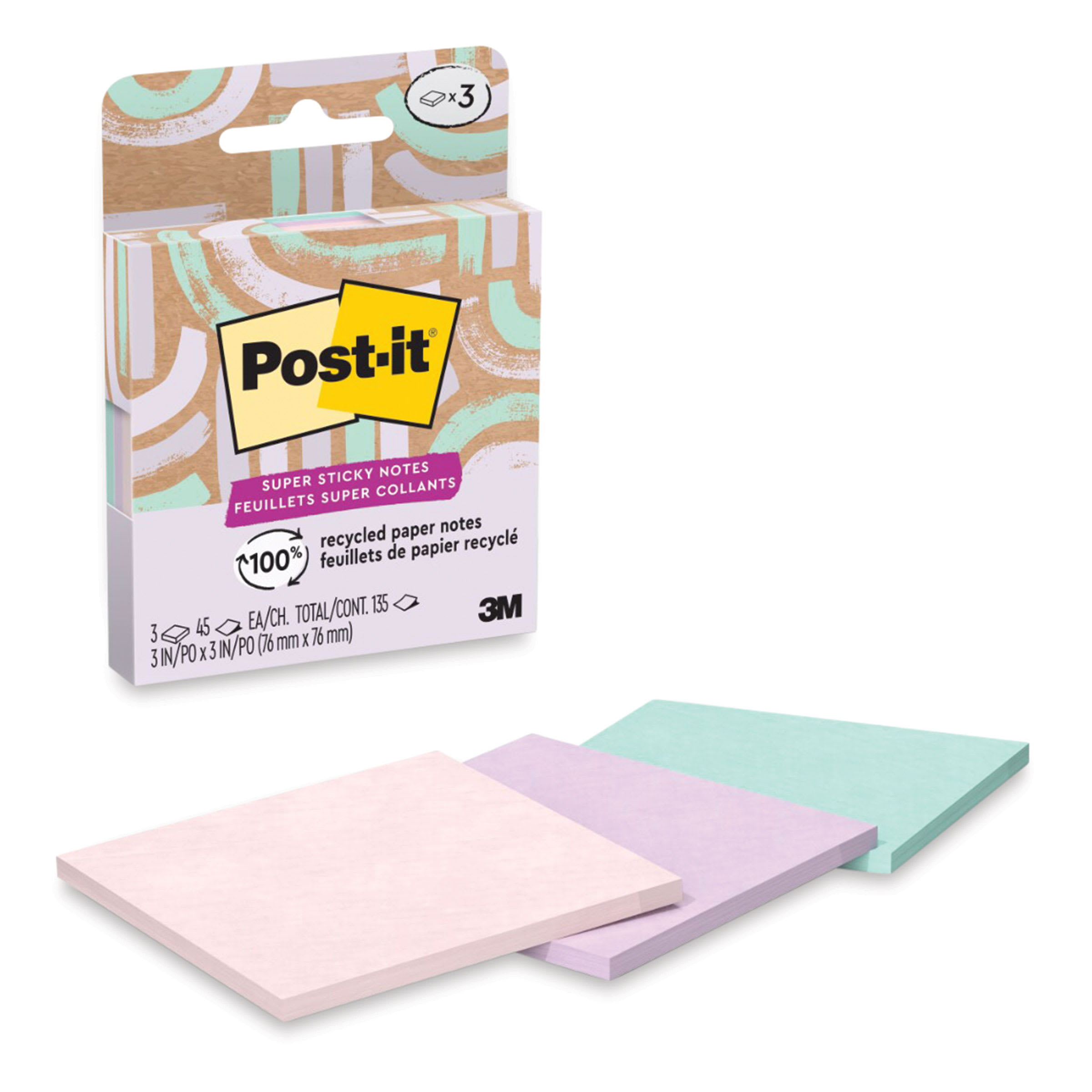 Post-it Super Sticky Notes, 3 x 3, Wanderlust Pastels Collection, 45 Sheet/Pad, 3 Pads/Pack (654R-3S, Paper | Quill