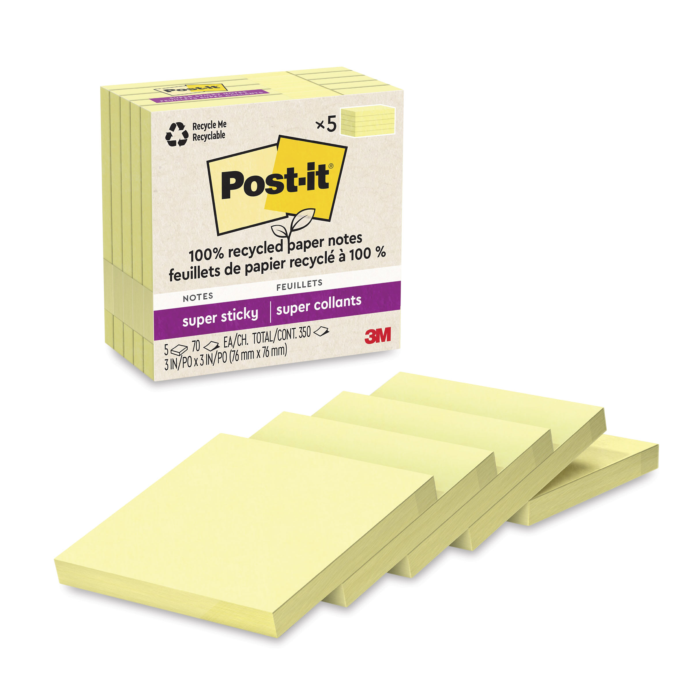 Post-it Notes Super Sticky 3 in. x 3 in. 100 Percent Recycled Paper Super Sticky Notes - Canary Yellow (5-Pads/Pack)