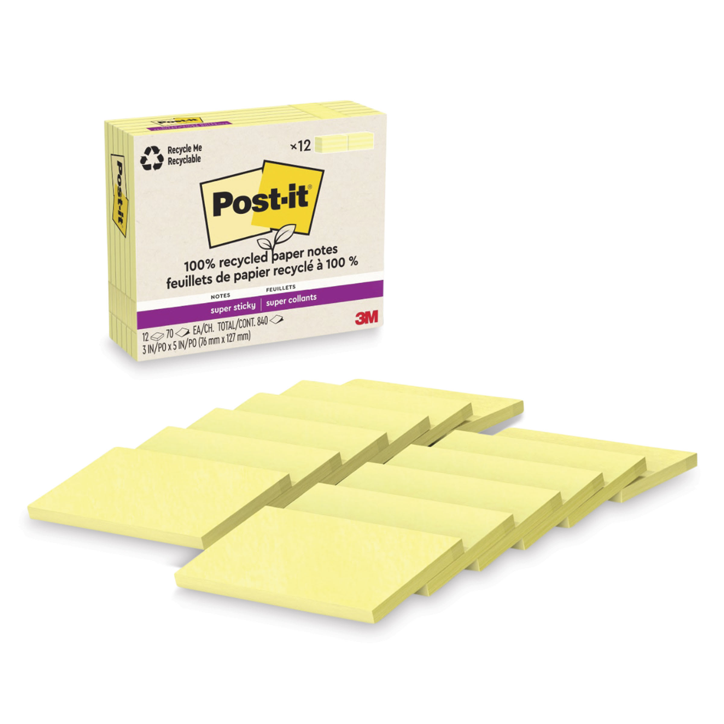 Post-it Recycled Super Sticky Notes, 3" x 5", Canary Collection, 70 Sheet/Pad, 12 Pads/Pack (655R-12SSCY)