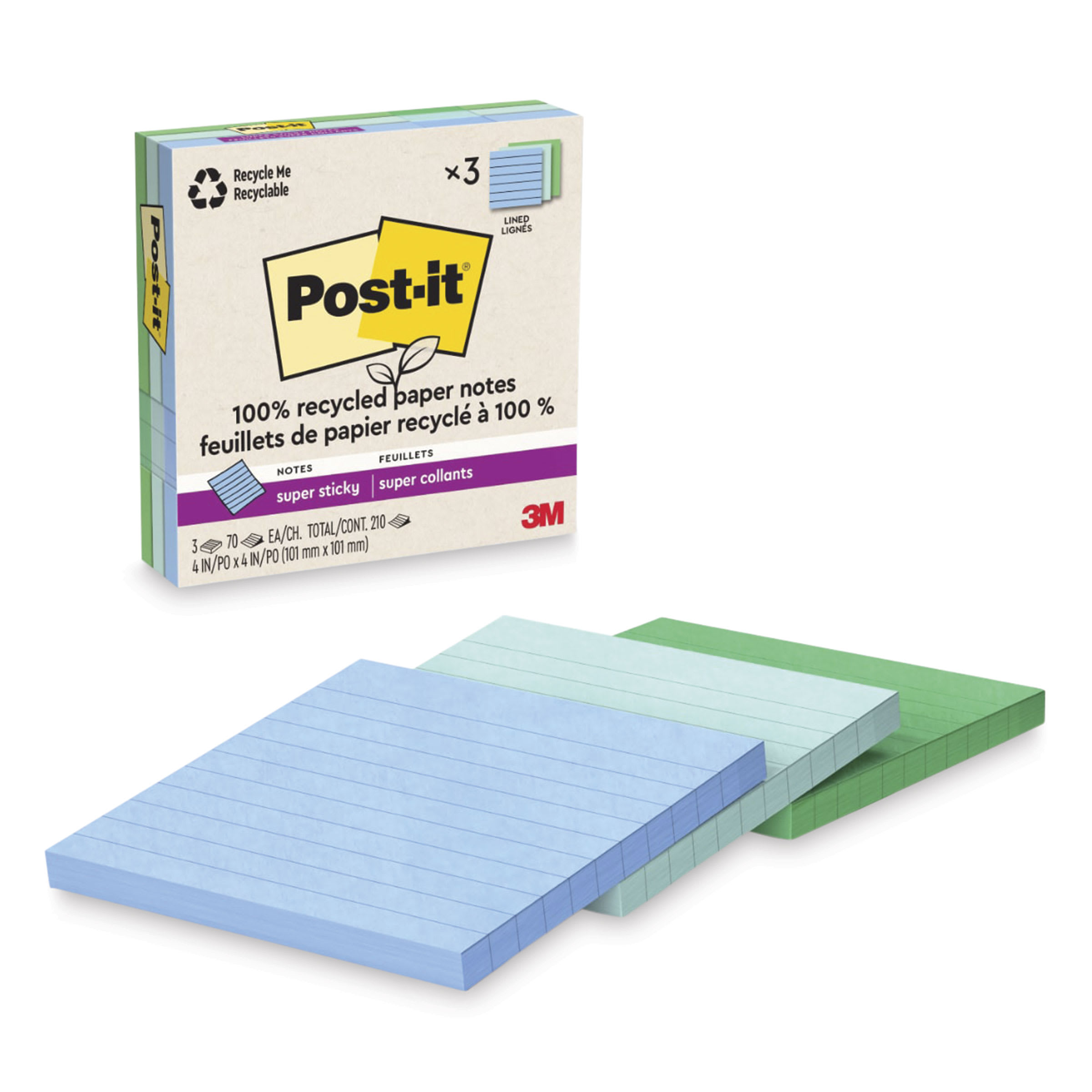 Post-it Recycled Super Sticky Notes, 4" x 4", Oasis Collection, Lined, 70 Sheet/Pad, 3 Pads/Pack (675R-3SST)