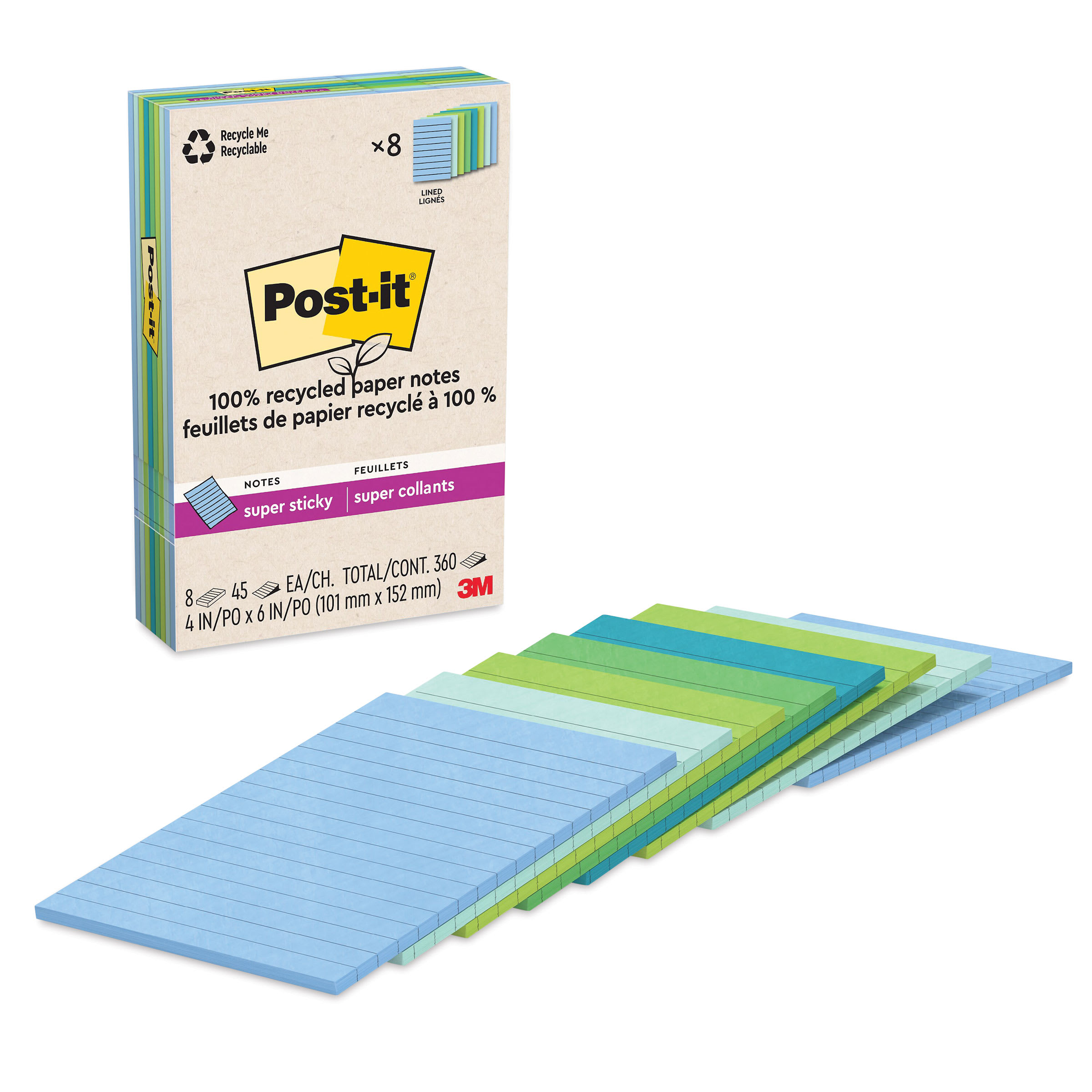 Post-it Recycled Super Sticky Notes - Oasis Collection, 4" x 6", Pkg of 8, Lined
