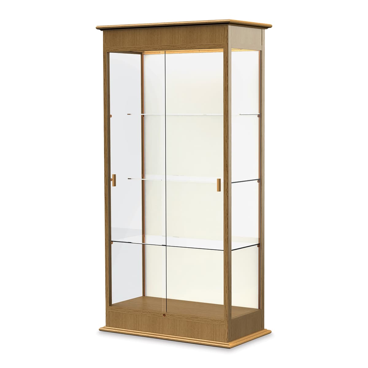 Ghent Varsity 36"W x 77"H x 18"D Lighted Floor Case, Sliding Doors, Plaque Back, Carmel Oak Finish