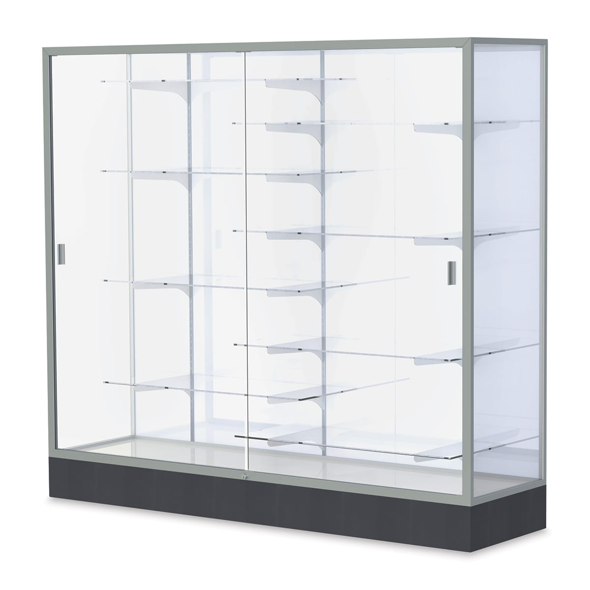 Waddell 2606-WB-SN Colossus 72 x 66 x 20 in. Aluminum Frame Floor Display Case with Black Laminate Base, White Back - Satin