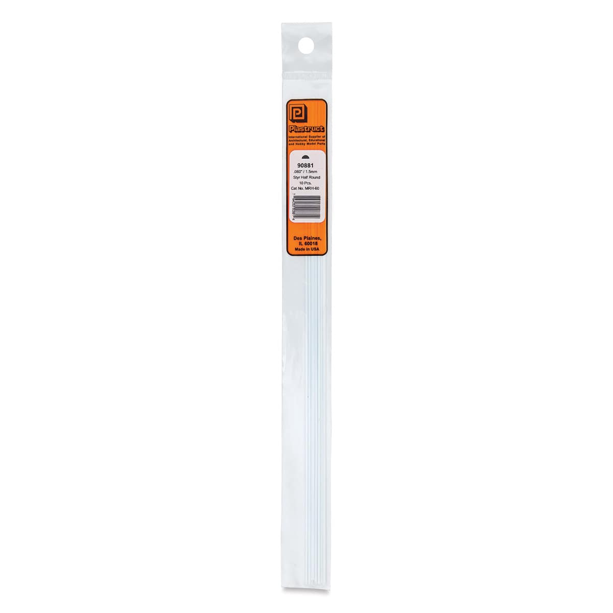Plastruct Plastic Half-Round Rod - Pkg of 10, 0.06" Dia × 0.03" H × 10" L