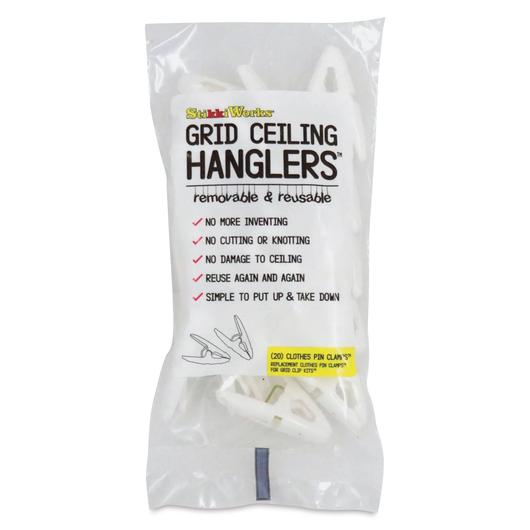 StikkiWorks Grid Ceiling Hanglers Clothes Pin Clamps - Pkg of 20
