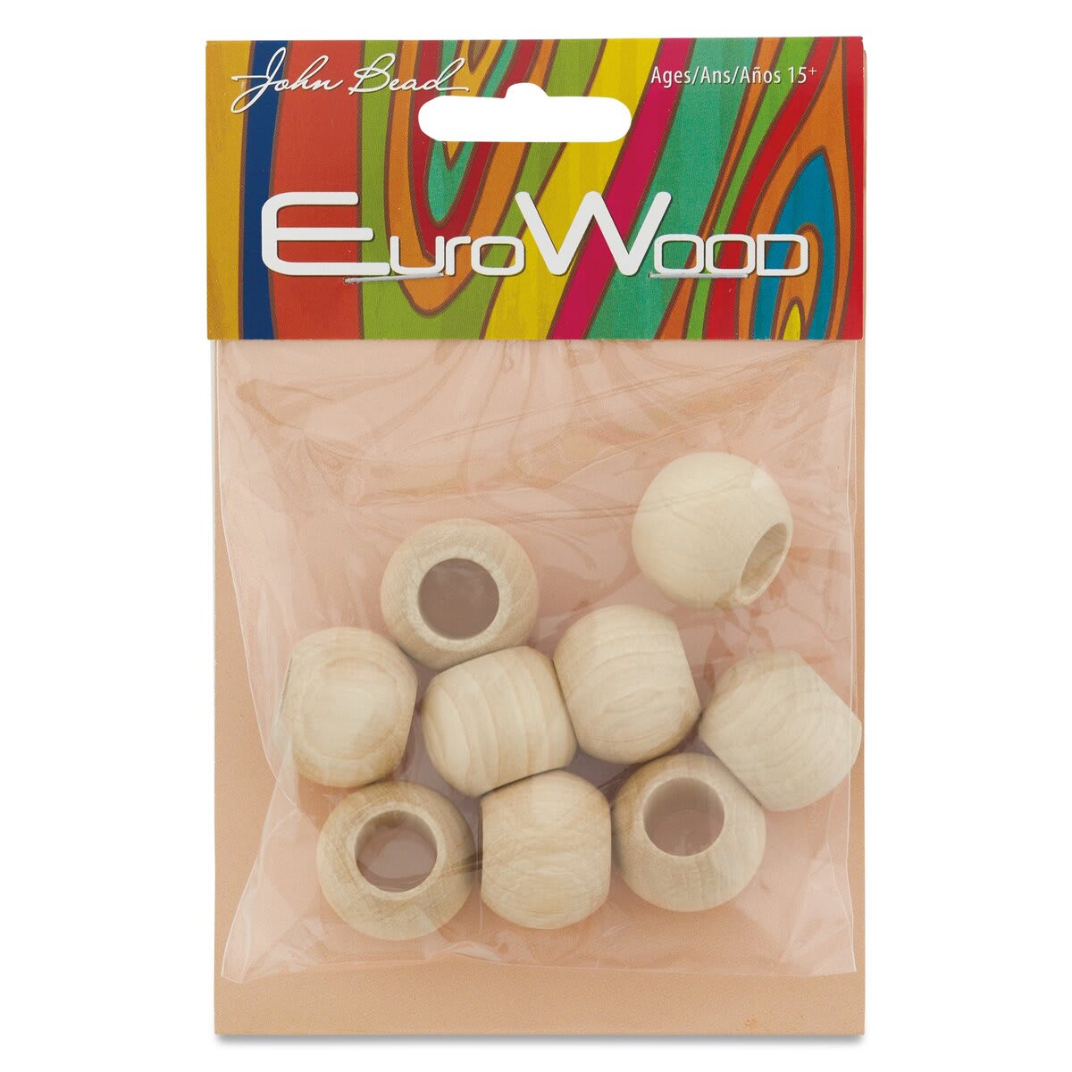 John Bead Euro Wood Beads - Natural, Round Large Hole, 20 mm x 16 mm, Pkg of 9