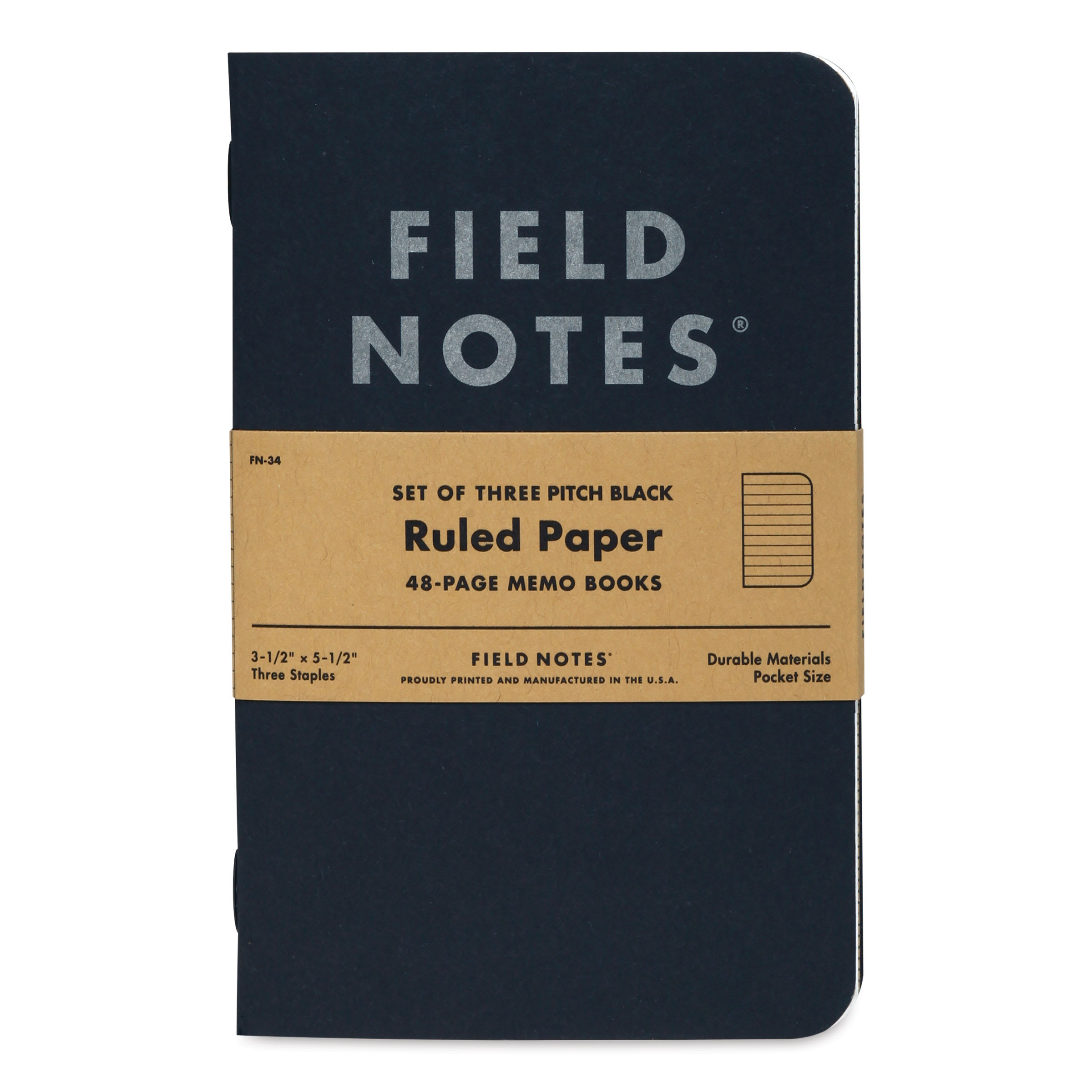 Field Notes Pitch Black 3-Pack Notebooks - Ruled, 3-1/2" x 5-1/2", 48 Pages