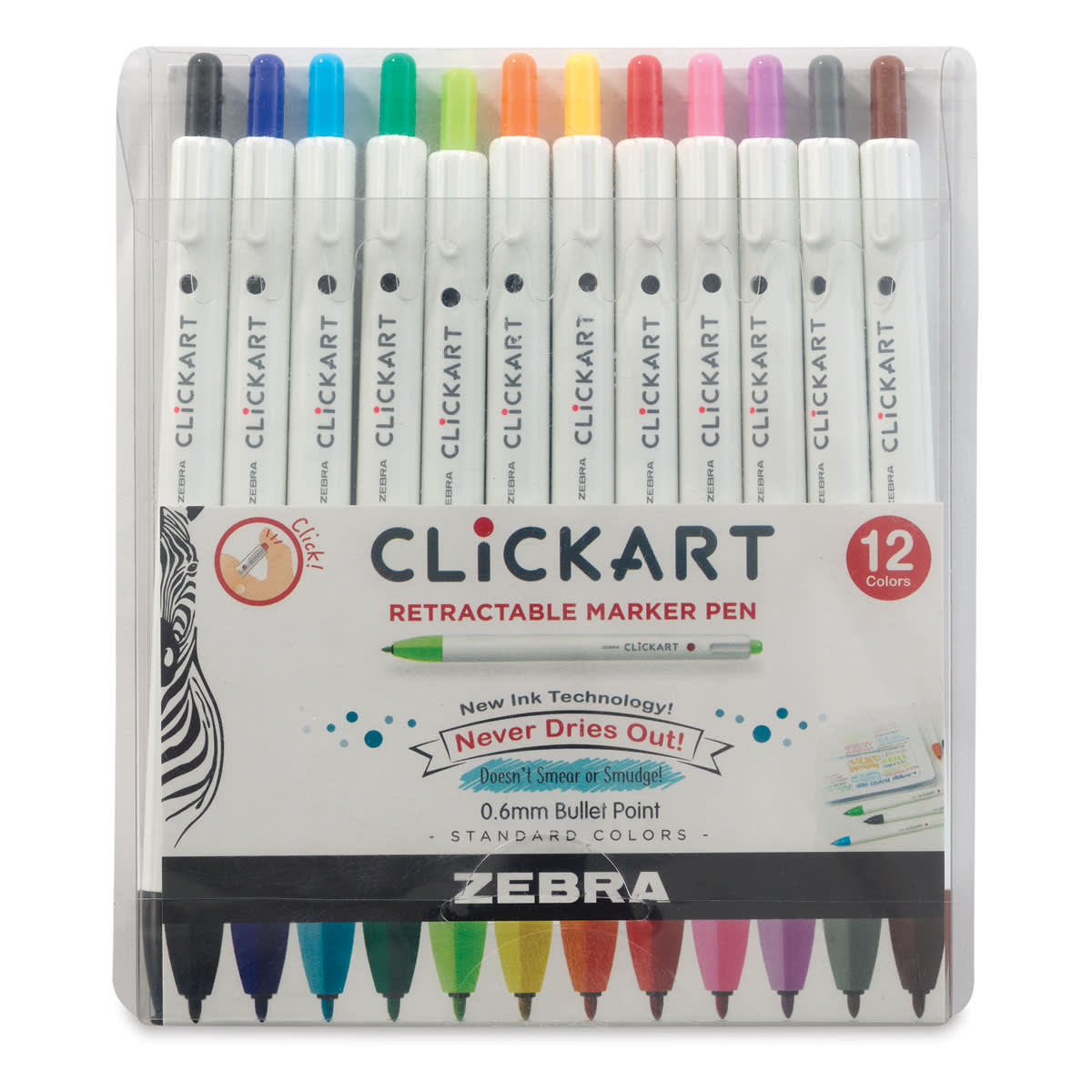 Zebra ClickArt Water Based Markers, Fine Tip, Assorted Colors, 12/Pack (69012)
