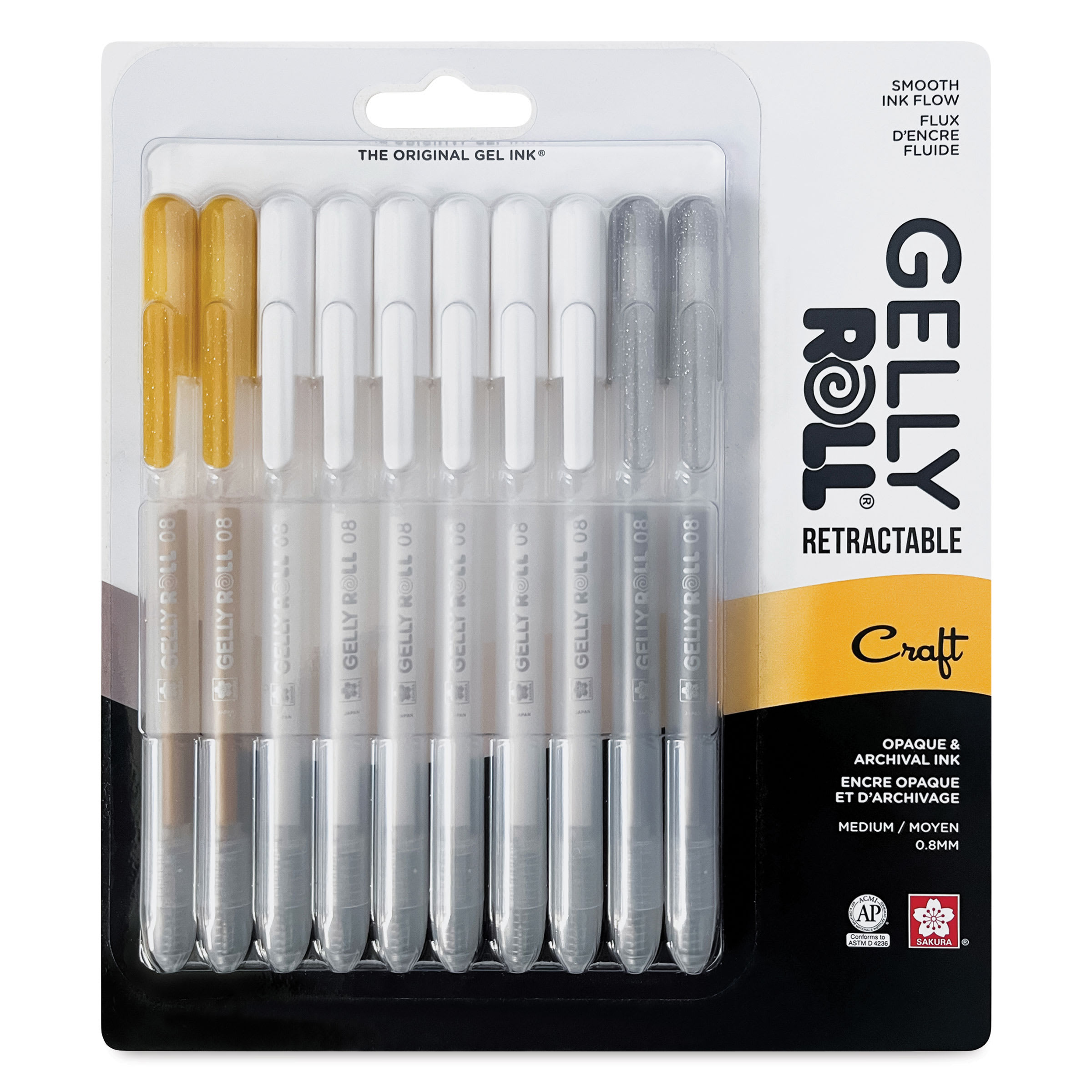 Retractable Classic Gel Pens, 08 Medium Point, Assorted Colors, 10-Piece Set, Blister Card