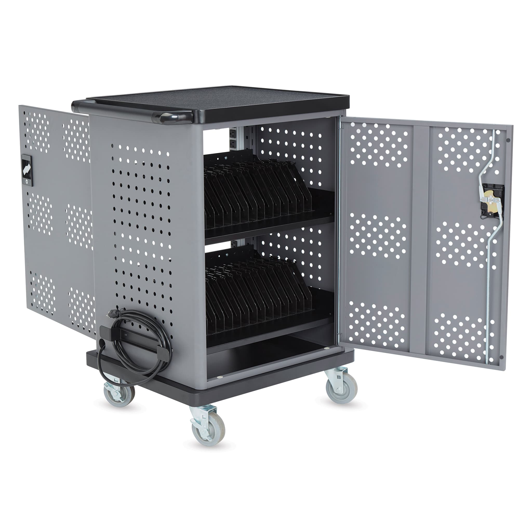 National Public Seating Oklahoma Sound Duet 2-Shelf Metal Mobile A/V Cart with Lockable Wheels, Silv, Silver | Quill