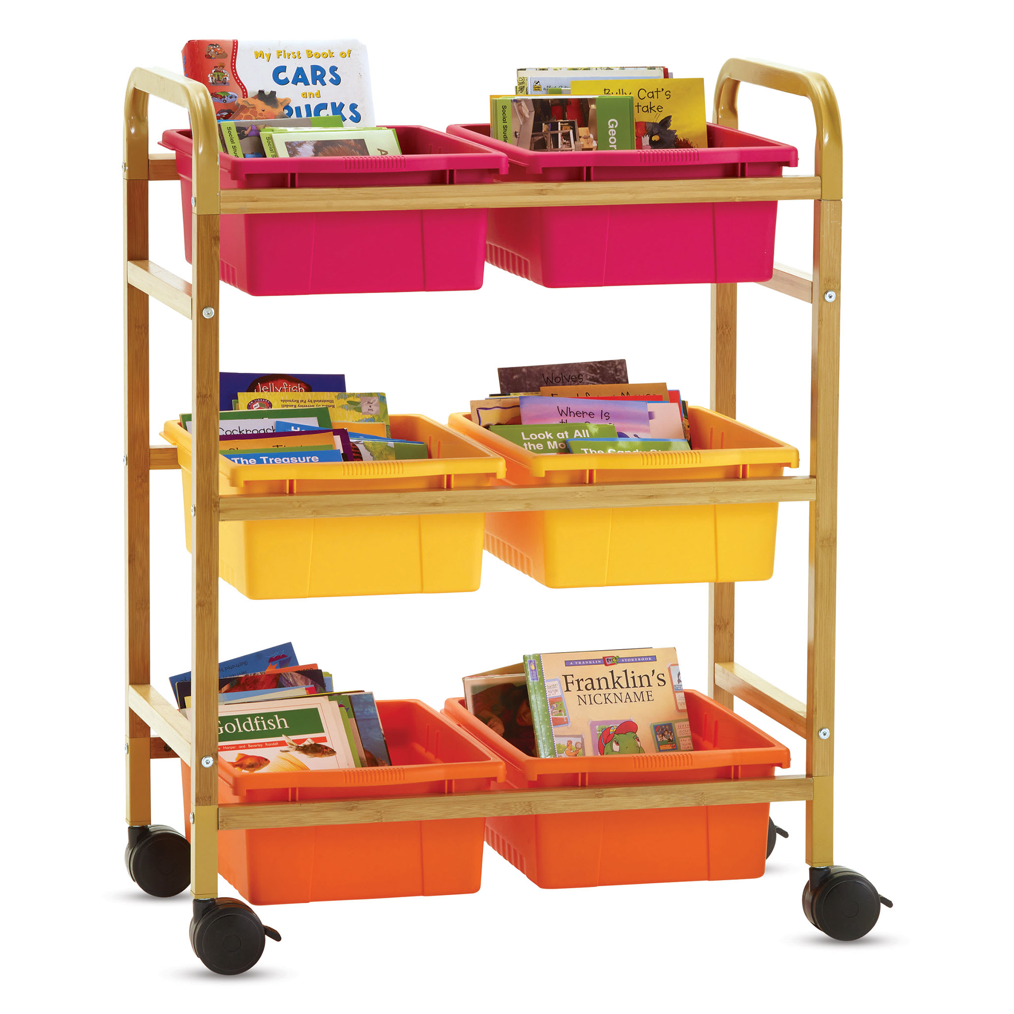 BB007-6-VW Small Bamboo Book Browser Cart Vibrant Warm Tub Combo