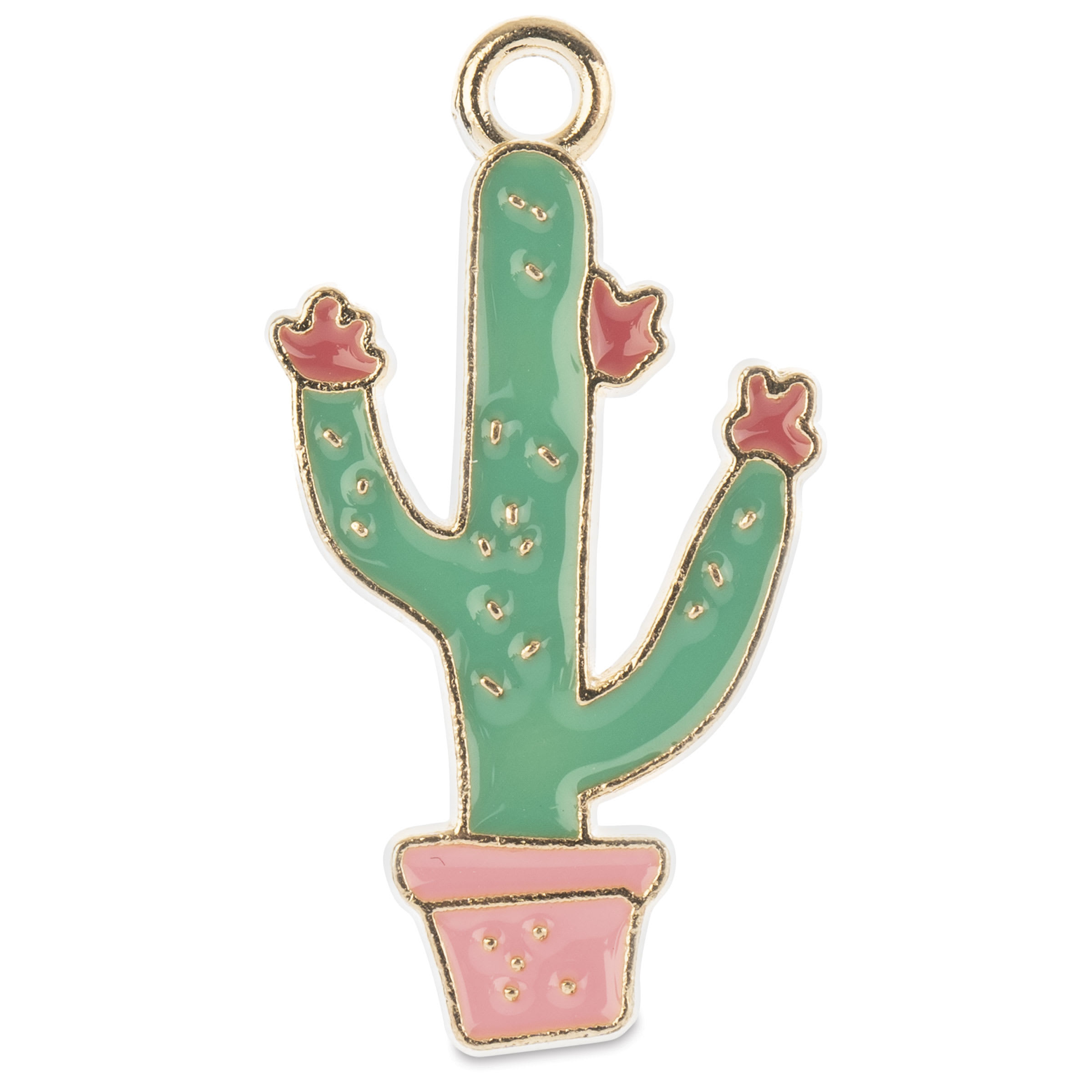 John Bead Sweet & Petite Enamel Charm - Potted Cactus, Green with Red Flowers and Pink Pot, Pkg of 8